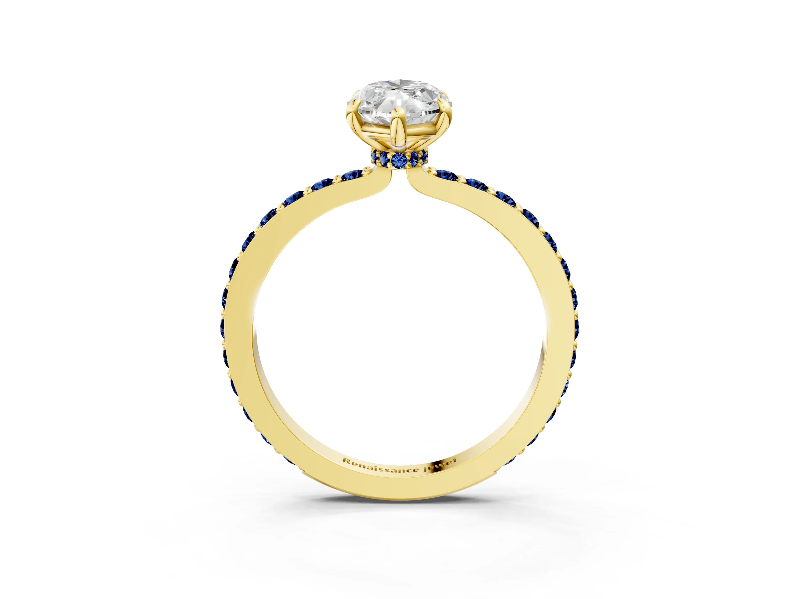 Yellow gold Marquise Cut Diamond Pavé Engagement Ring with Round with Blue Sapphire side stone Accents and Prong Setting_3