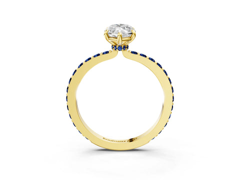 Yellow gold Marquise Cut Diamond Pavé Engagement Ring with Round with Blue Sapphire side stone Accents and Prong Setting_3