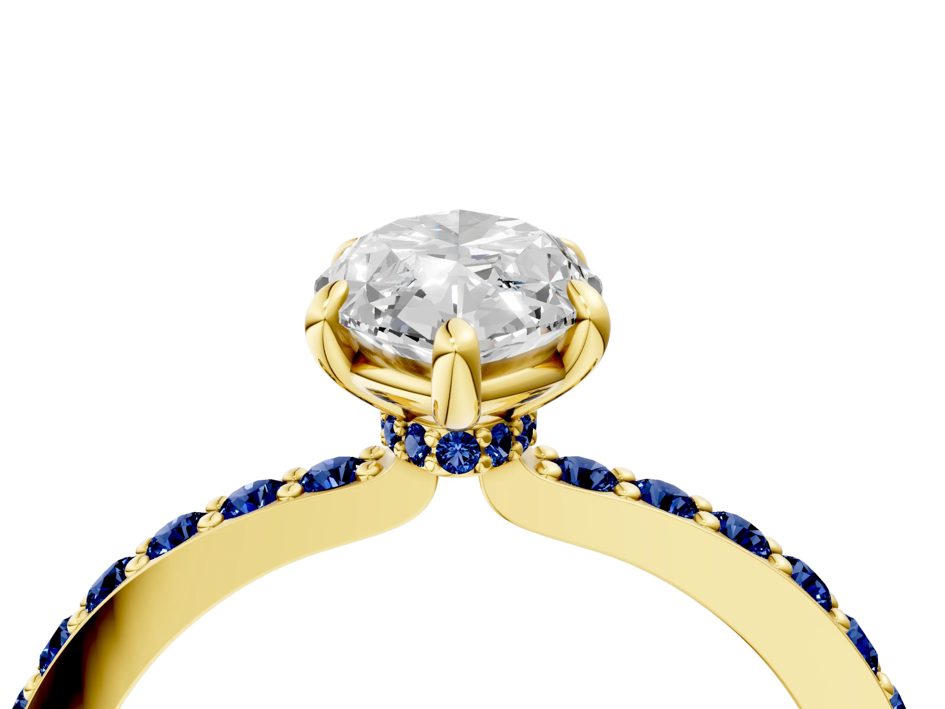 Yellow gold Marquise Cut Diamond Pavé Engagement Ring with Round with Blue Sapphire side stone Accents and Prong Setting_4