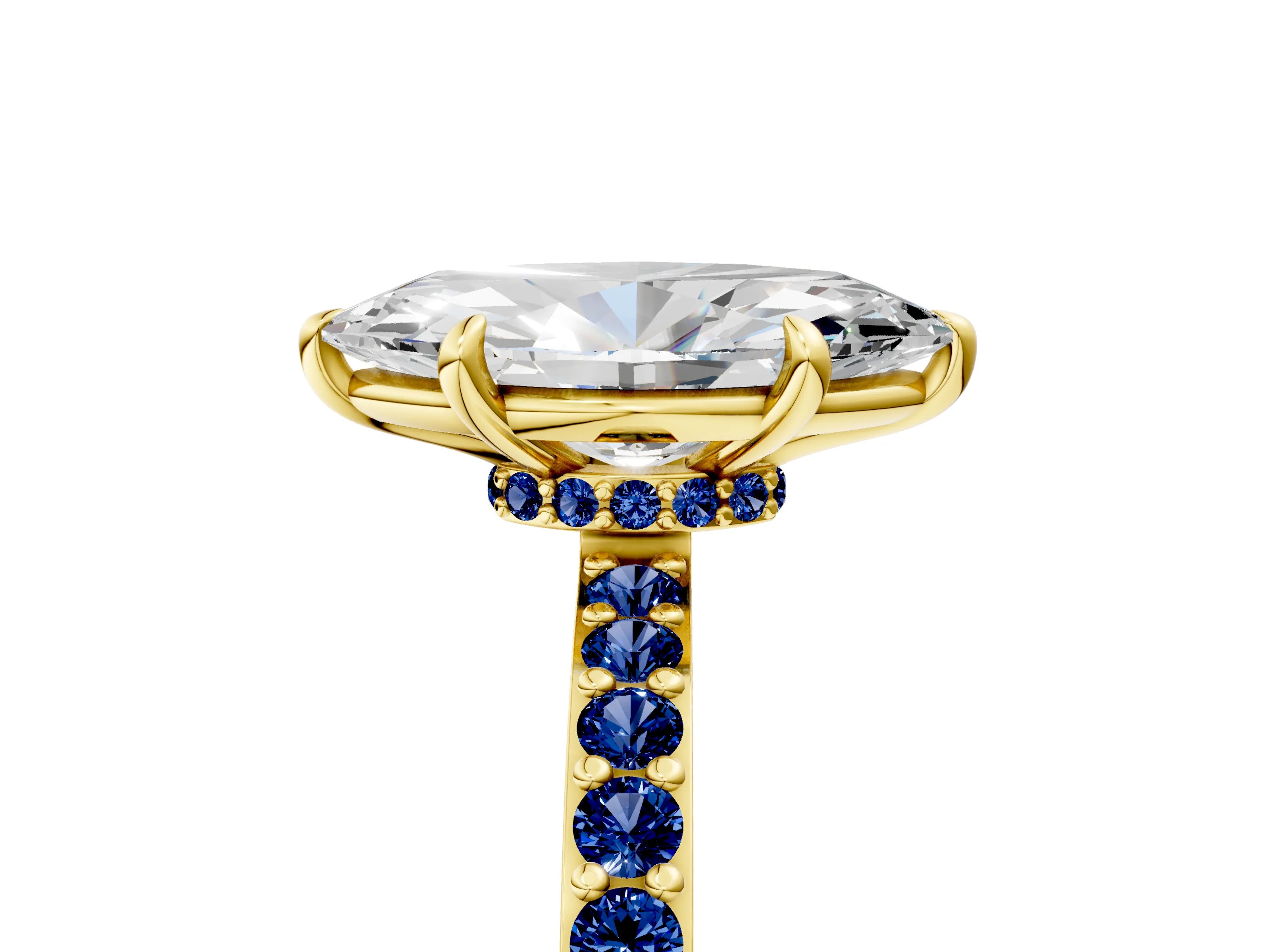 Yellow gold Marquise Cut Diamond Pavé Engagement Ring with Round with Blue Sapphire side stone Accents and Prong Setting_5