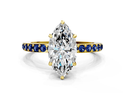 Yellow gold Marquise Cut Diamond Pavé Engagement Ring with Round with Blue Sapphire side stone Accents and Prong Setting