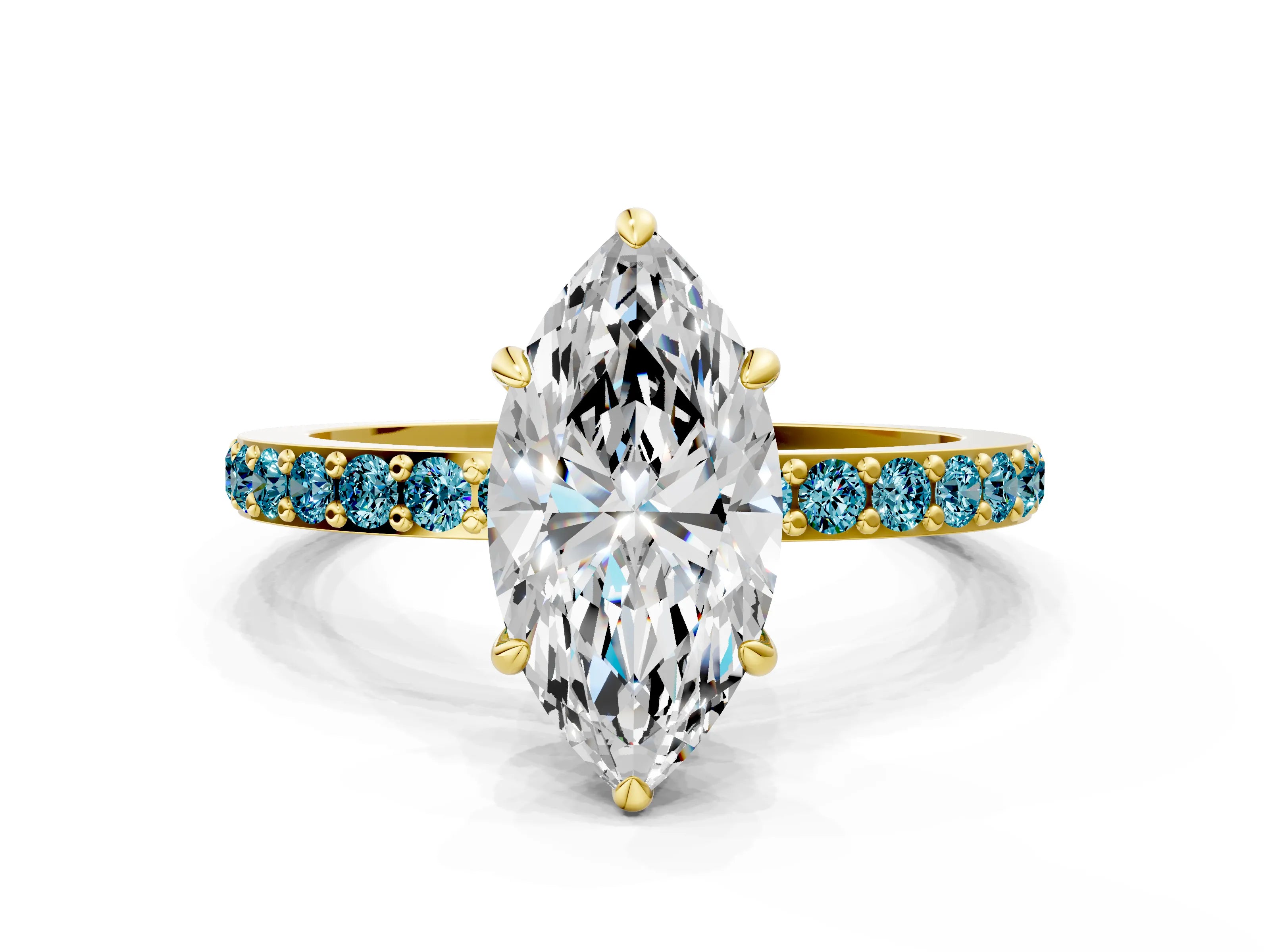 Yellow gold Marquise Cut Diamond Pavé Engagement Ring with Round with Blue Topaz side stone Accents and Prong Setting