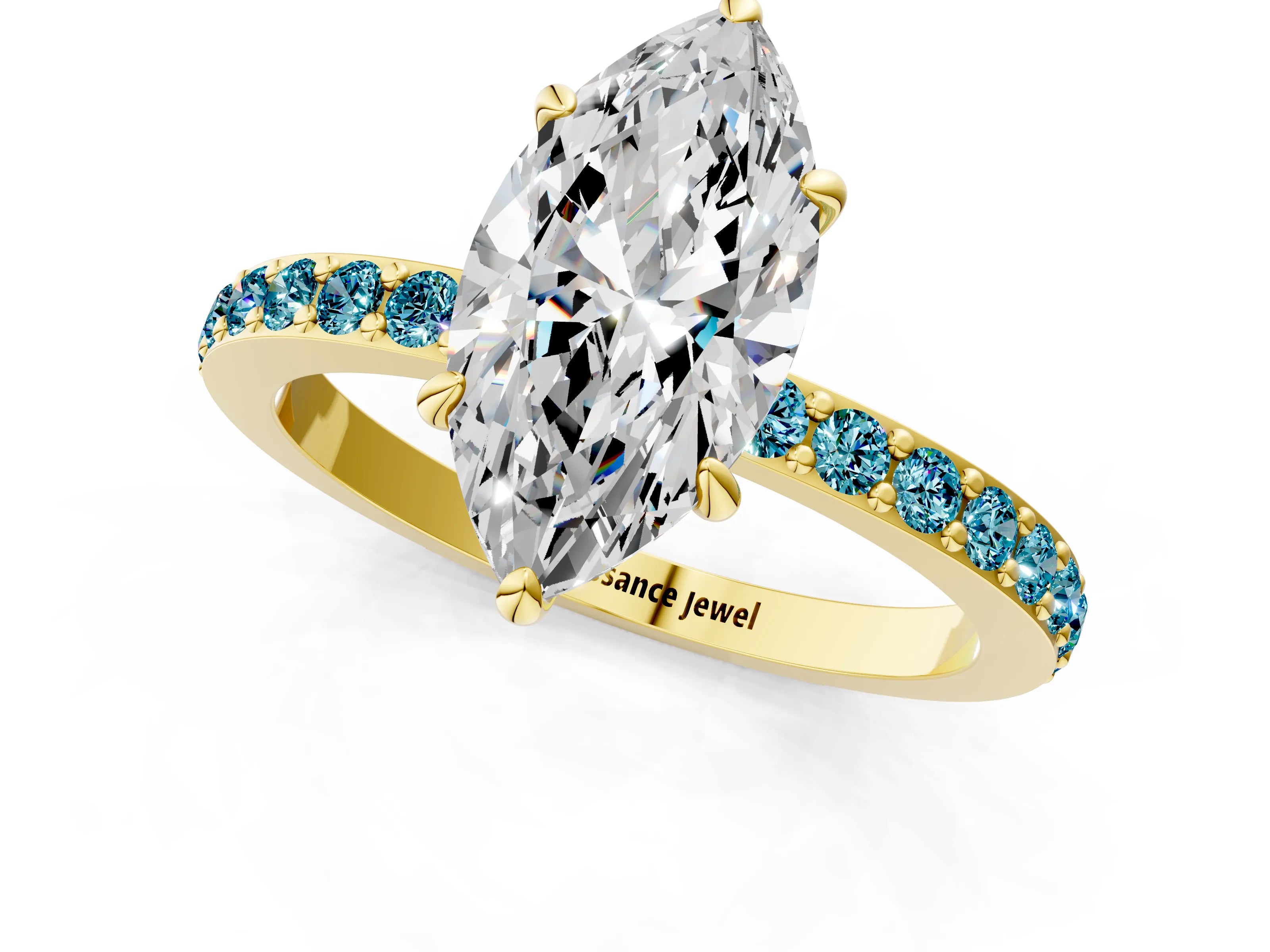 Yellow gold Marquise Cut Diamond Pavé Engagement Ring with Round with Blue Topaz side stone Accents and Prong Setting_1