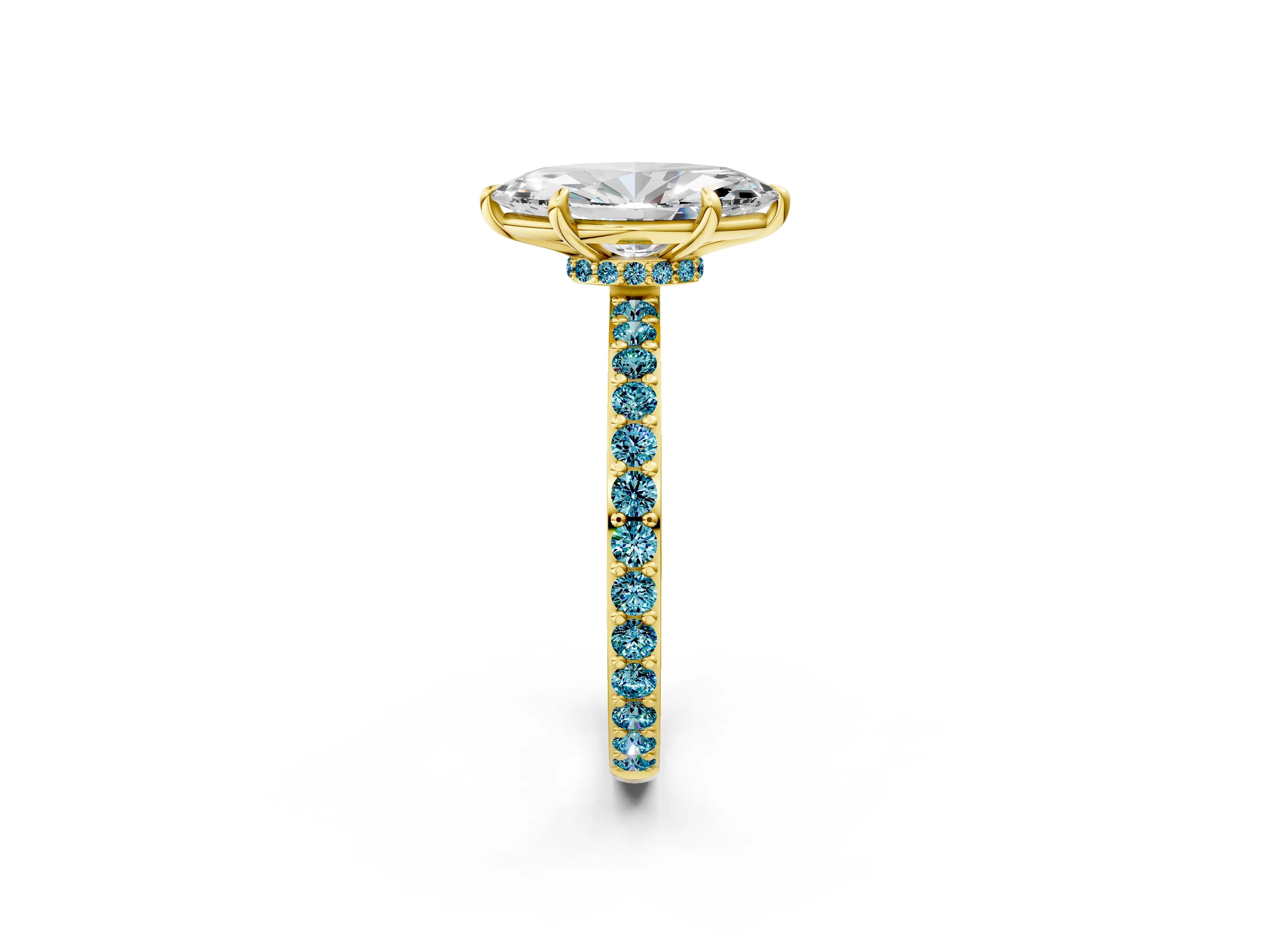 Yellow gold Marquise Cut Diamond Pavé Engagement Ring with Round with Blue Topaz side stone Accents and Prong Setting_2