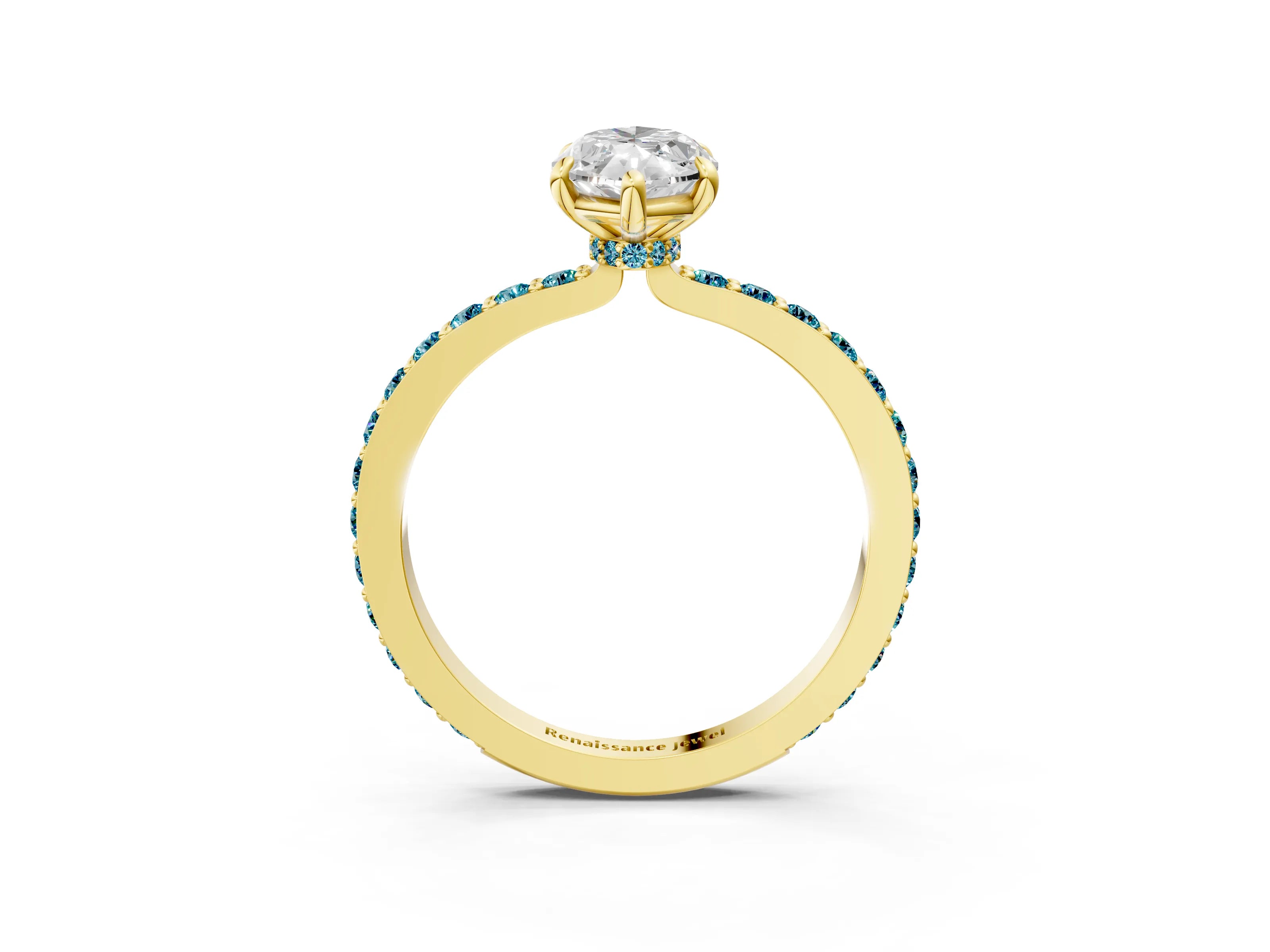 Yellow gold Marquise Cut Diamond Pavé Engagement Ring with Round with Blue Topaz side stone Accents and Prong Setting_3