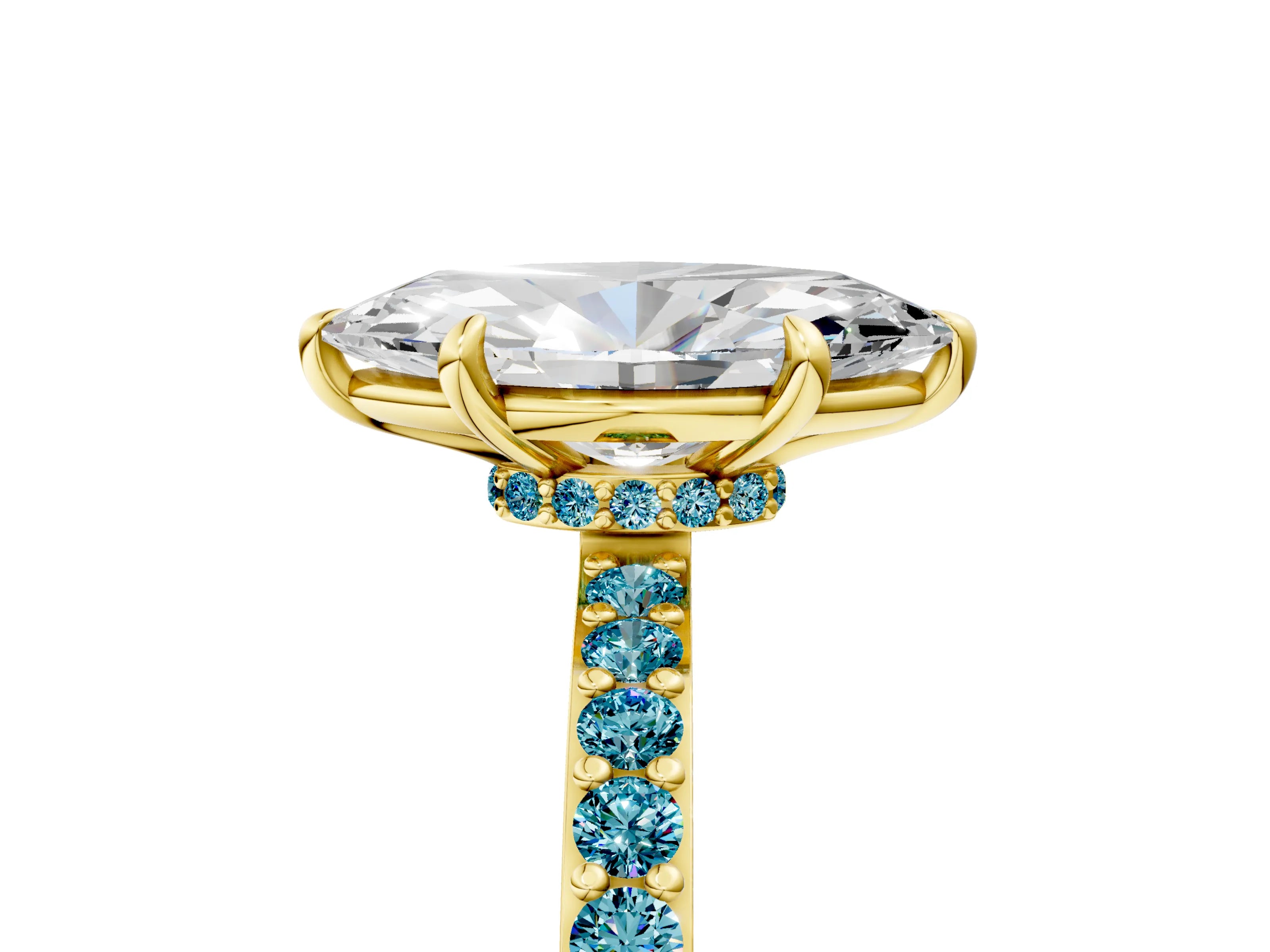 Yellow gold Marquise Cut Diamond Pavé Engagement Ring with Round with Blue Topaz side stone Accents and Prong Setting_5