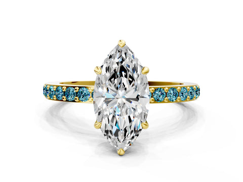 Yellow gold Marquise Cut Diamond Pavé Engagement Ring with Round with Blue Topaz side stone Accents and Prong Setting