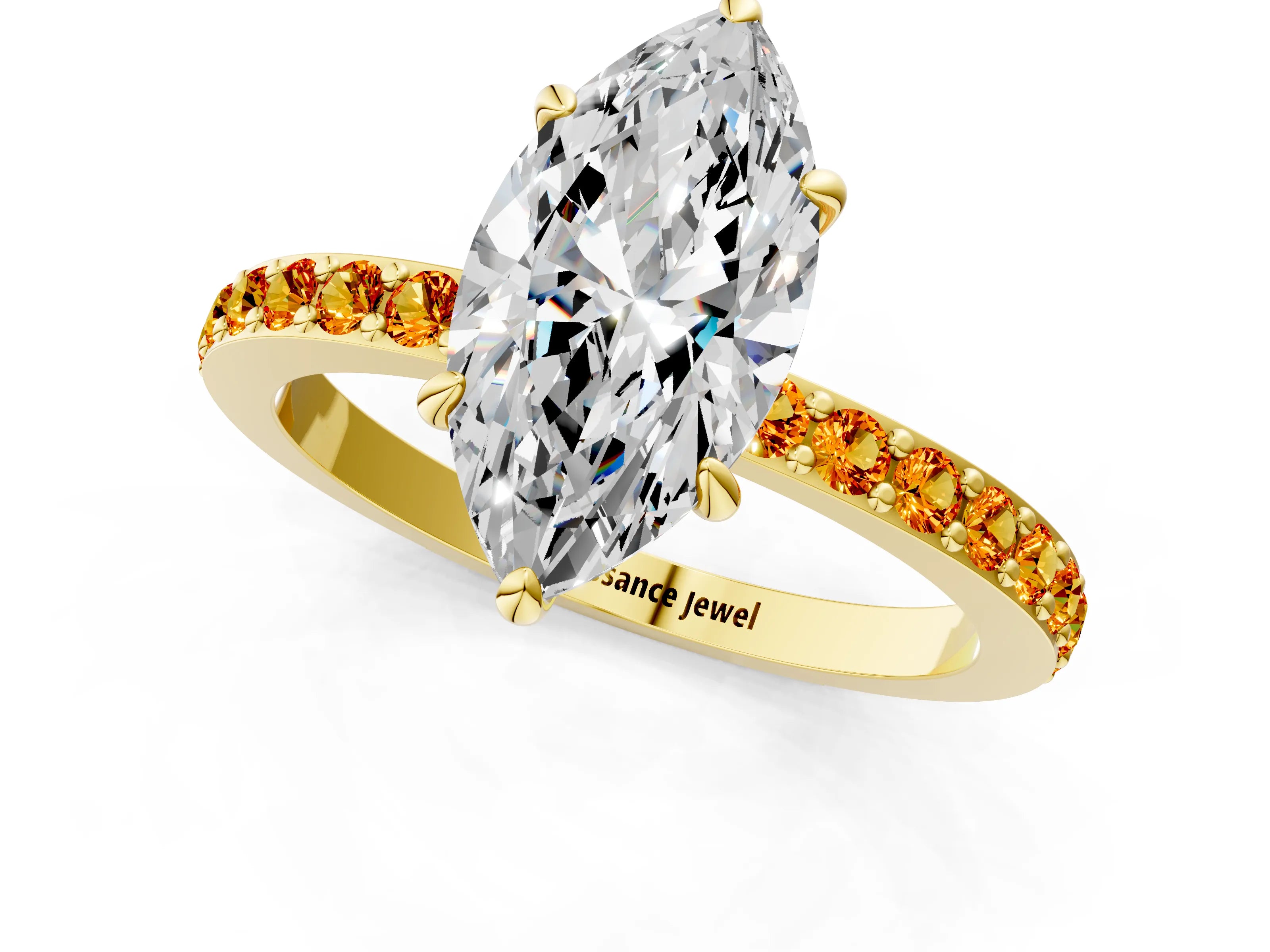 Yellow gold Marquise Cut Diamond Pavé Engagement Ring with Round with Citrine side stone Accents and Prong Setting_1