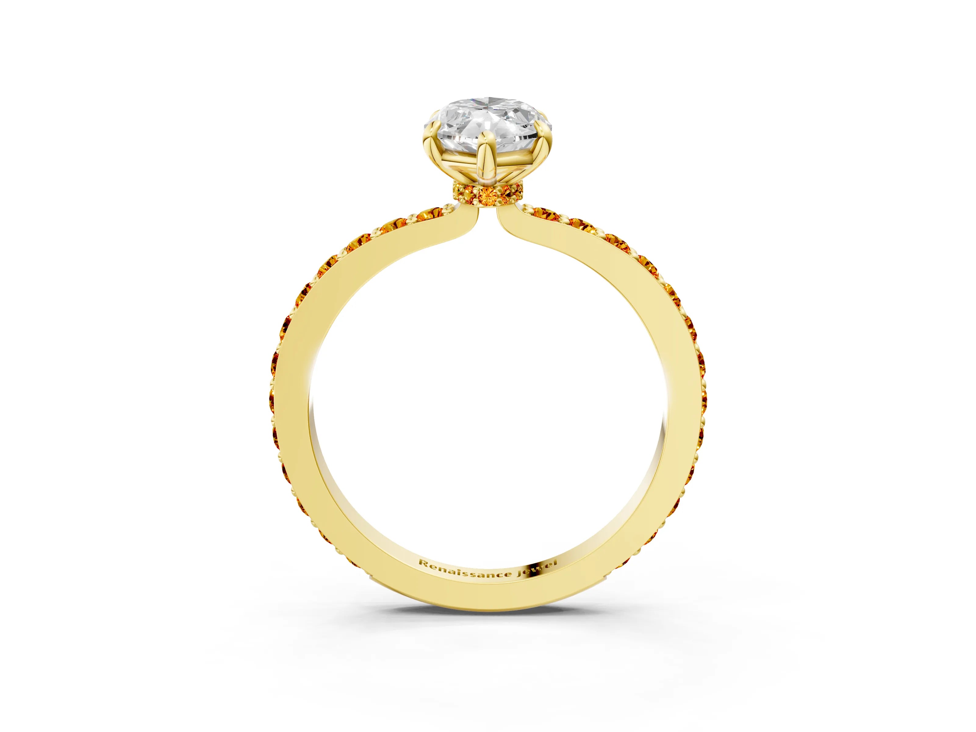 Yellow gold Marquise Cut Diamond Pavé Engagement Ring with Round with Citrine side stone Accents and Prong Setting_3