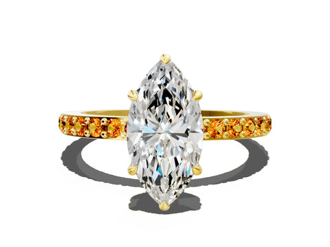 Yellow gold Marquise Cut Diamond Pavé Engagement Ring with Round with Citrine side stone Accents and Prong Setting