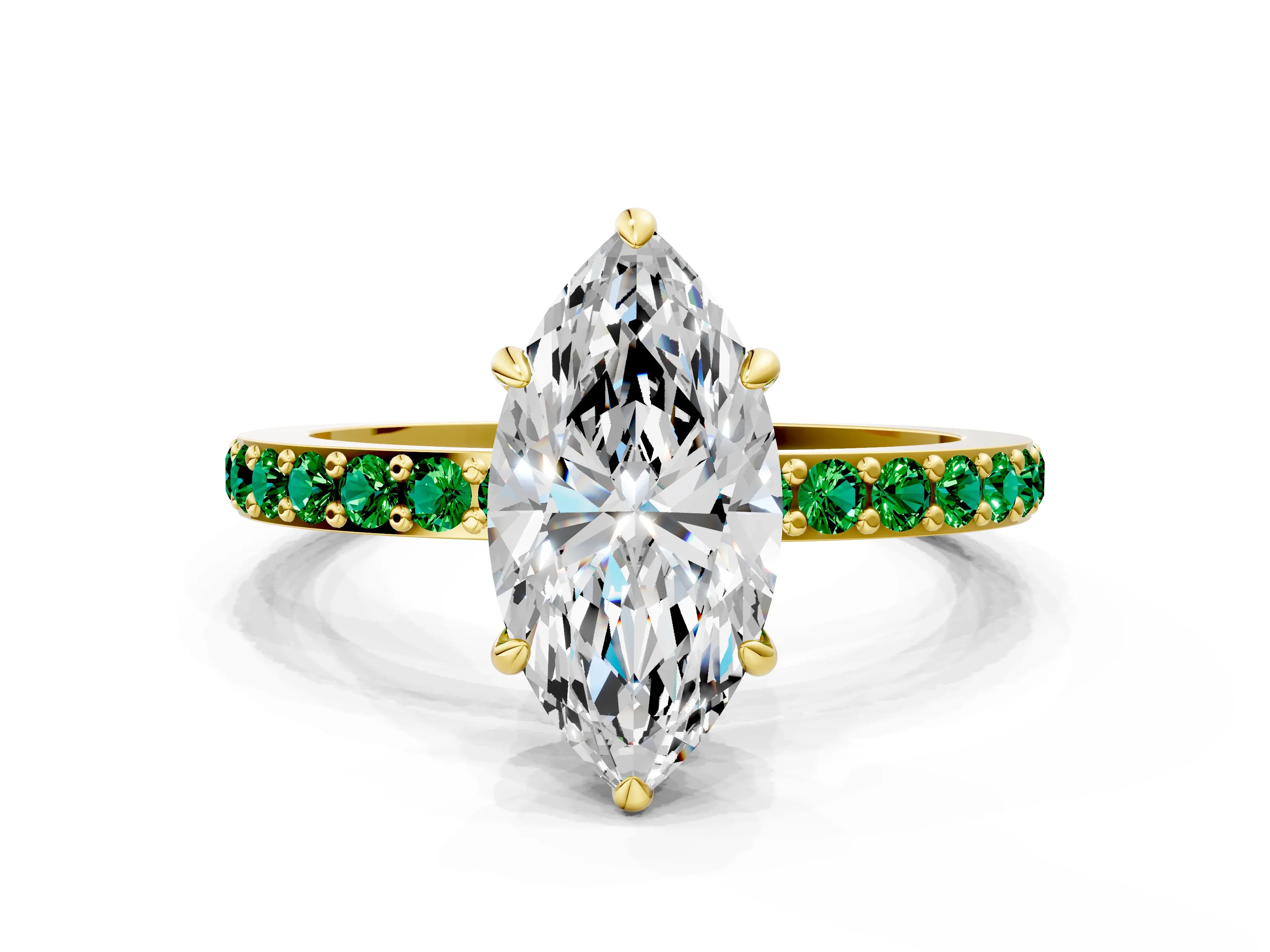 Yellow gold Marquise Cut Diamond Pavé Engagement Ring with Round with Emerald side stone Accents and Prong Setting