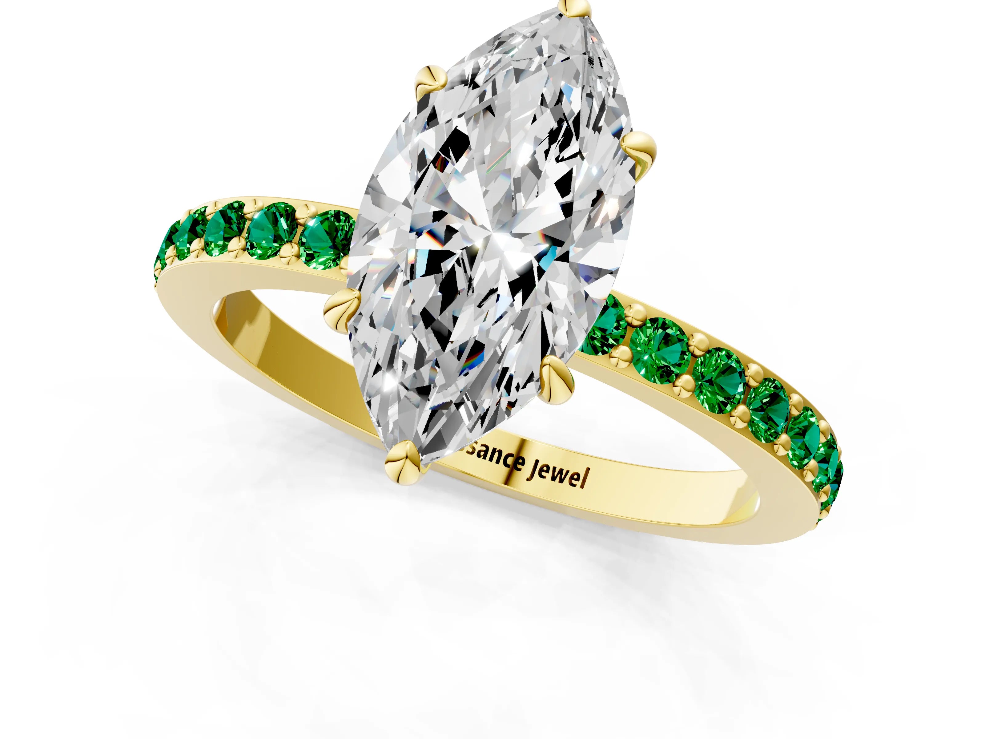 Yellow gold Marquise Cut Diamond Pavé Engagement Ring with Round with Emerald side stone Accents and Prong Setting_1