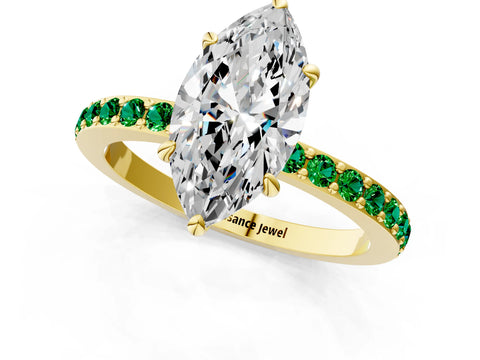 Yellow gold Marquise Cut Diamond Pavé Engagement Ring with Round with Emerald side stone Accents and Prong Setting_1