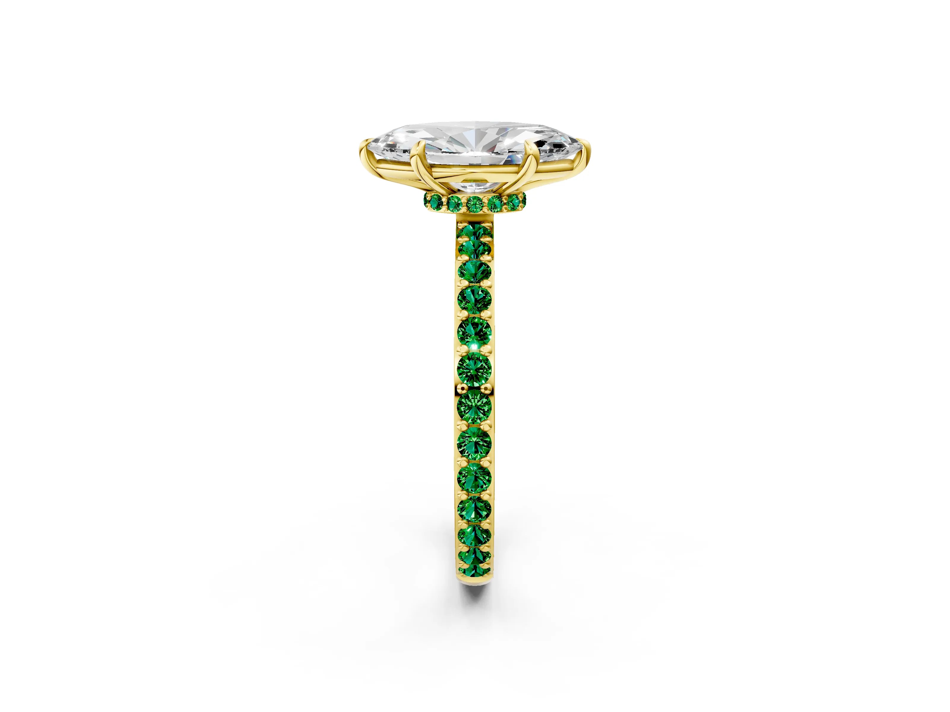 Yellow gold Marquise Cut Diamond Pavé Engagement Ring with Round with Emerald side stone Accents and Prong Setting_2