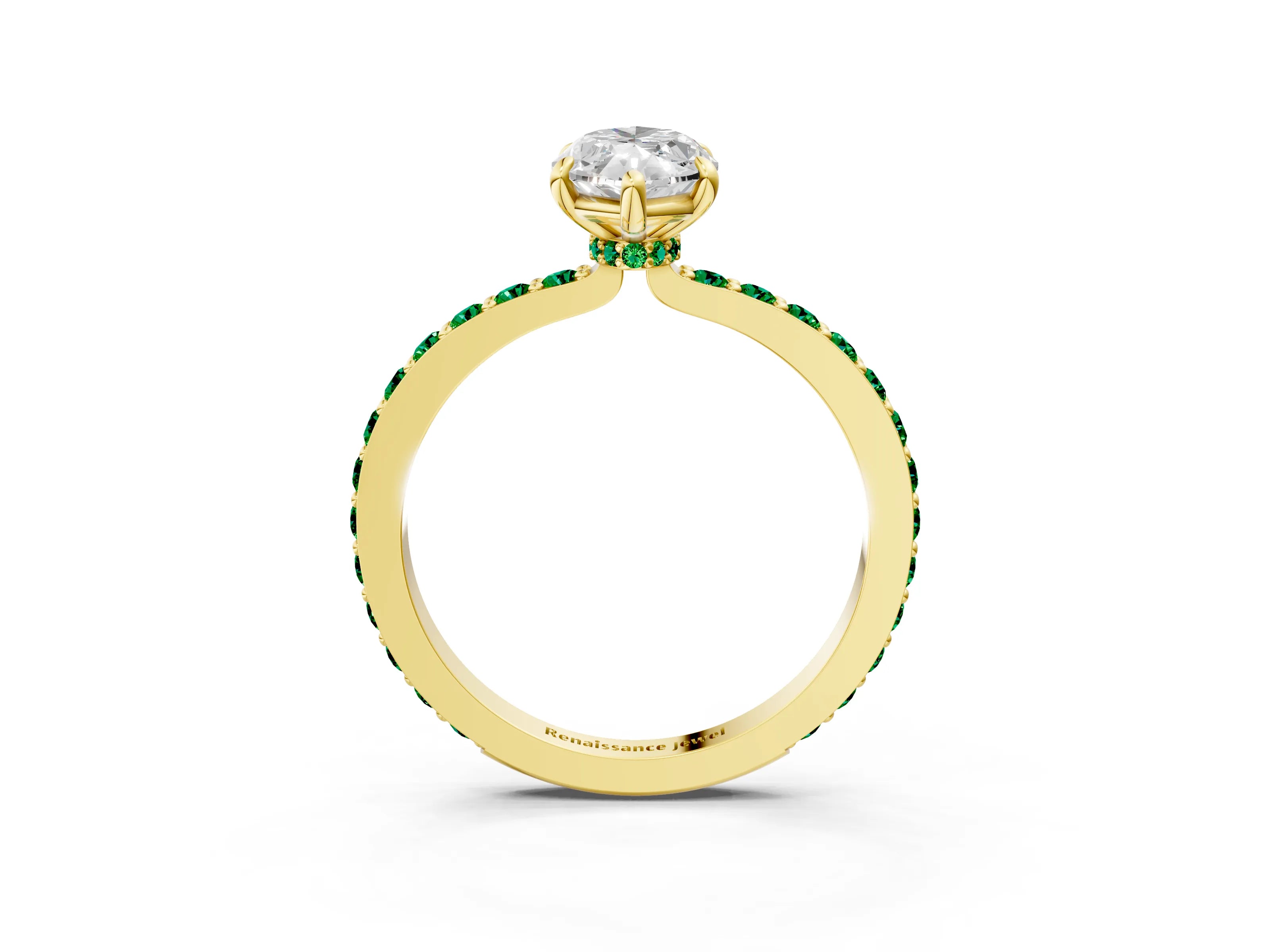 Yellow gold Marquise Cut Diamond Pavé Engagement Ring with Round with Emerald side stone Accents and Prong Setting_3