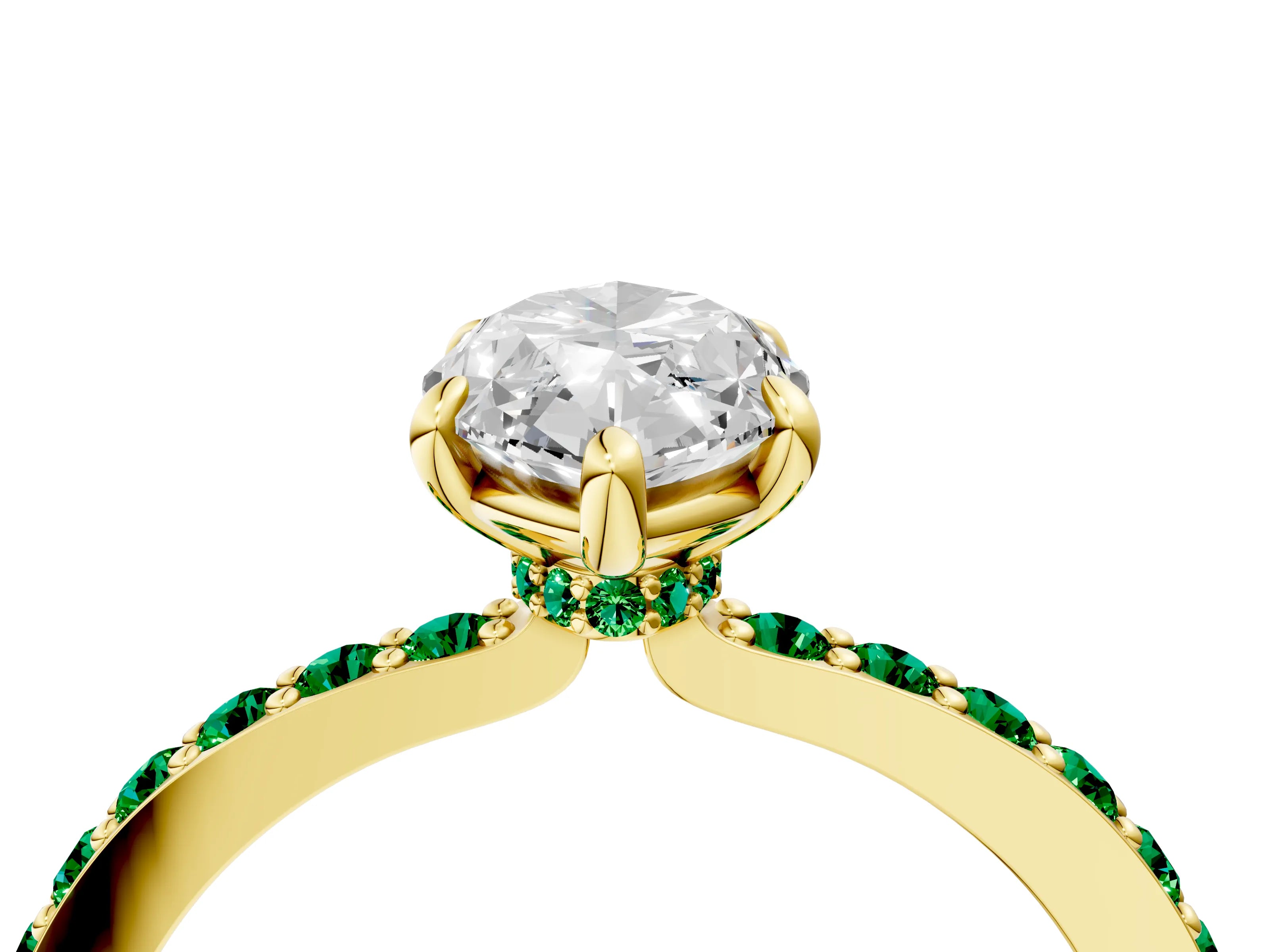 Yellow gold Marquise Cut Diamond Pavé Engagement Ring with Round with Emerald side stone Accents and Prong Setting_4