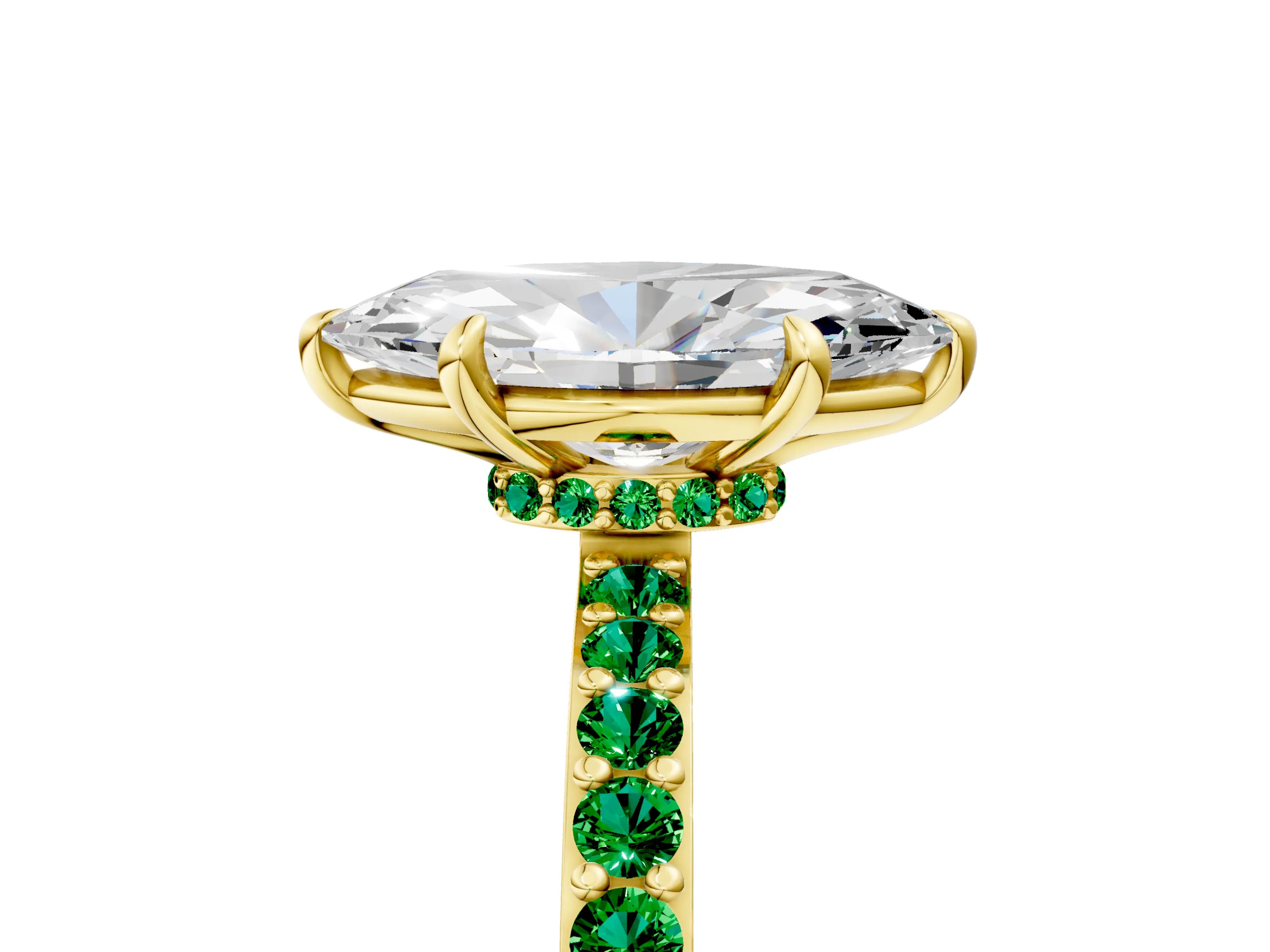 Yellow gold Marquise Cut Diamond Pavé Engagement Ring with Round with Emerald side stone Accents and Prong Setting_5