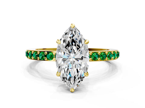 Yellow gold Marquise Cut Diamond Pavé Engagement Ring with Round with Emerald side stone Accents and Prong Setting