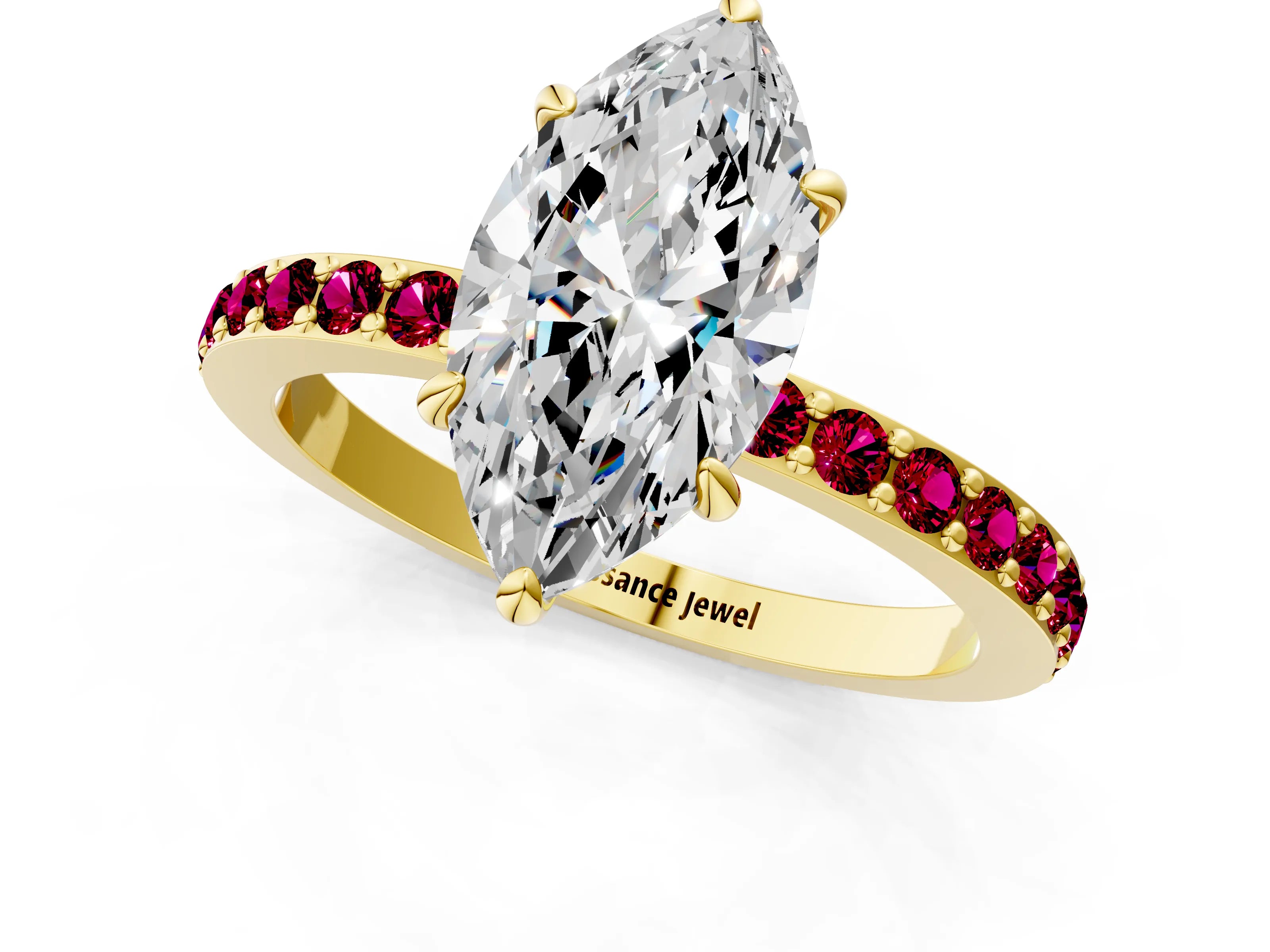 Yellow gold Marquise Cut Diamond Pavé Engagement Ring with Round with Garnet side stone Accents and Prong Setting_1