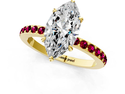 Yellow gold Marquise Cut Diamond Pavé Engagement Ring with Round with Garnet side stone Accents and Prong Setting_1