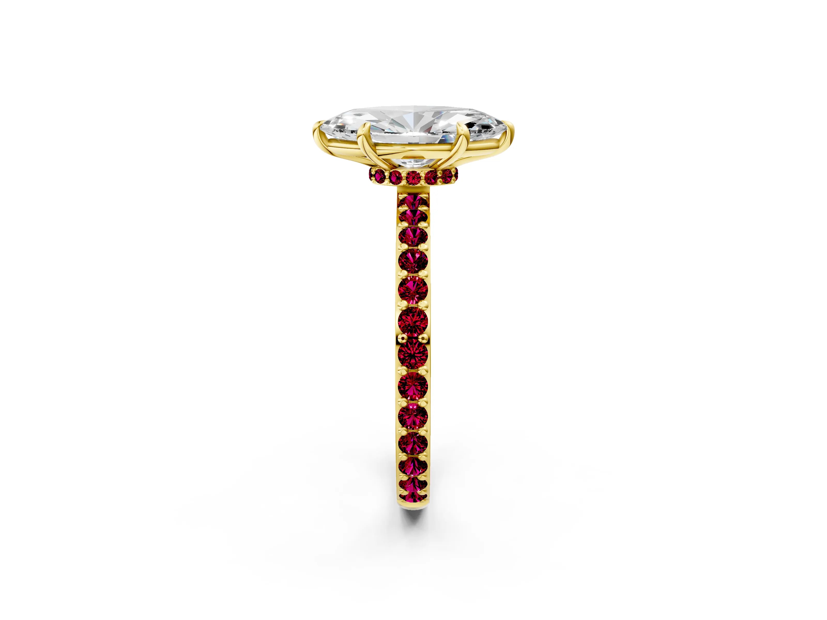 Yellow gold Marquise Cut Diamond Pavé Engagement Ring with Round with Garnet side stone Accents and Prong Setting_2