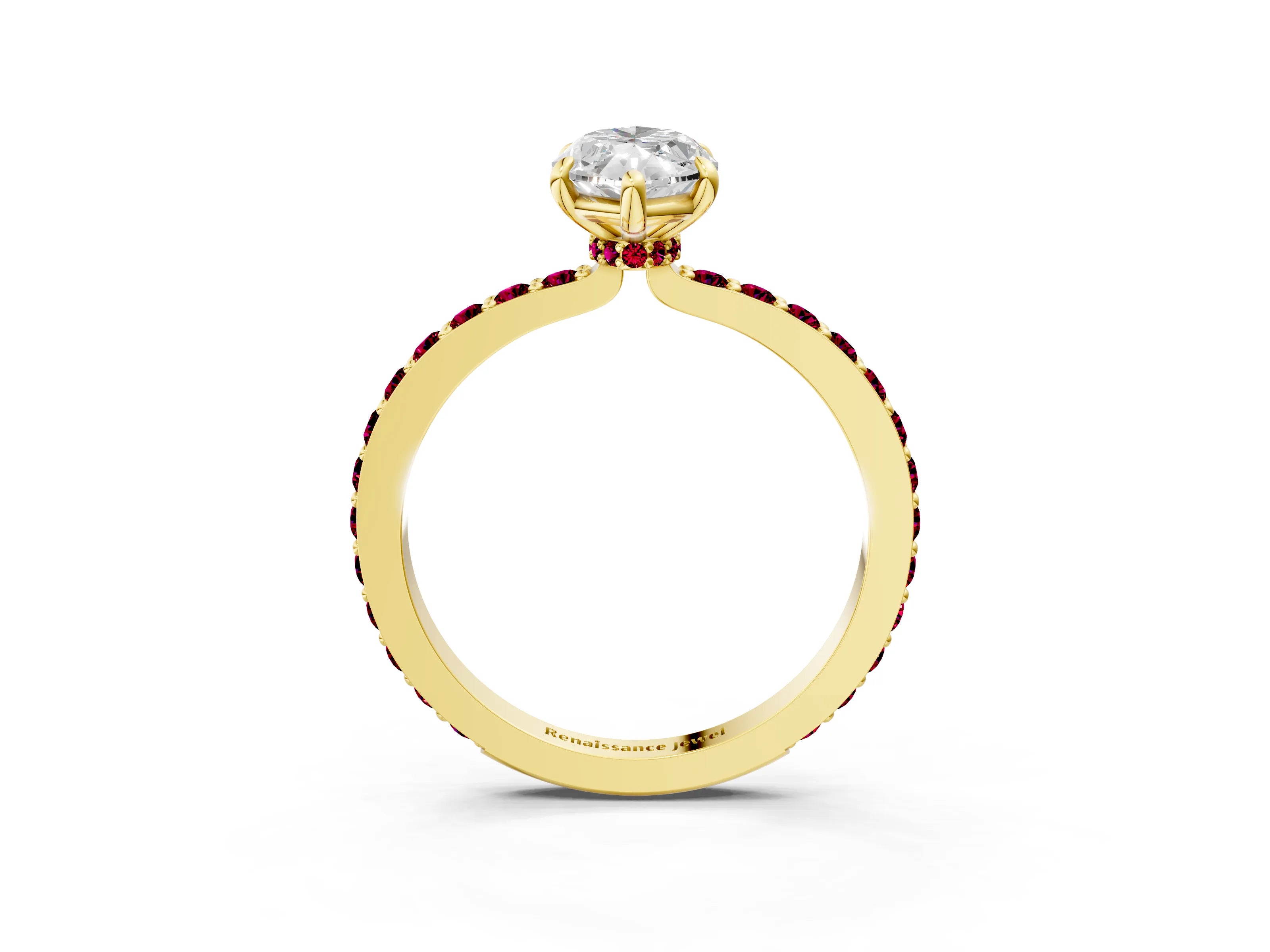 Yellow gold Marquise Cut Diamond Pavé Engagement Ring with Round with Garnet side stone Accents and Prong Setting_3