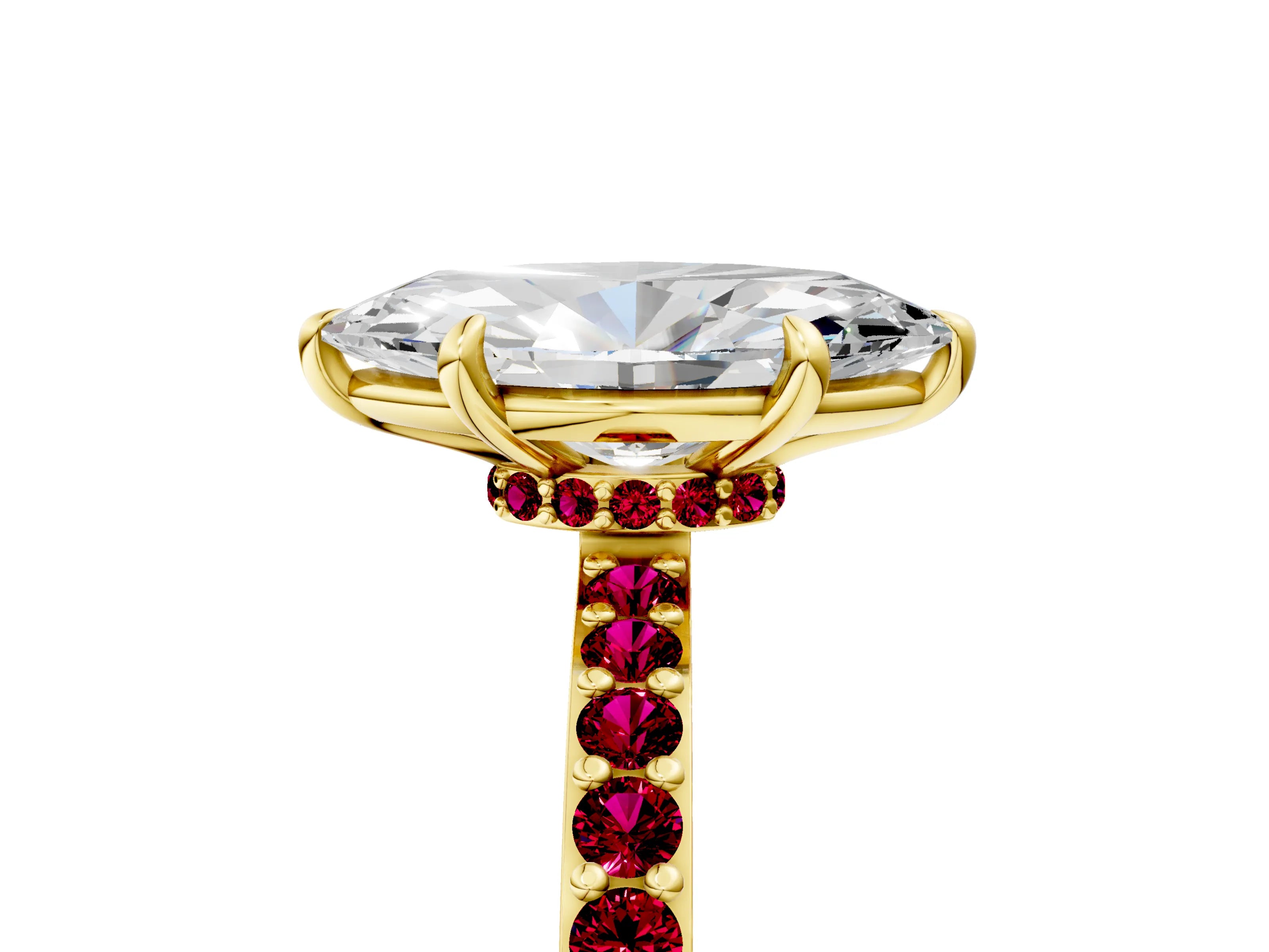 Yellow gold Marquise Cut Diamond Pavé Engagement Ring with Round with Garnet side stone Accents and Prong Setting_5