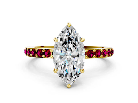 Yellow gold Marquise Cut Diamond Pavé Engagement Ring with Round with Garnet side stone Accents and Prong Setting