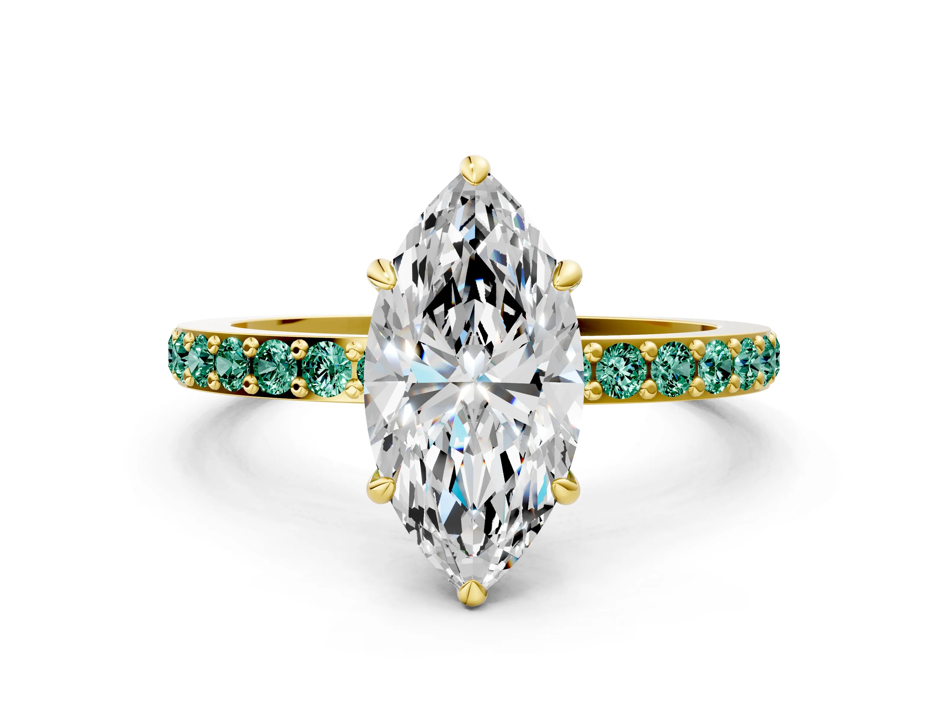 Yellow gold Marquise Cut Diamond Pavé Engagement Ring with Round with Green Sapphire side stone Accents and Prong Setting