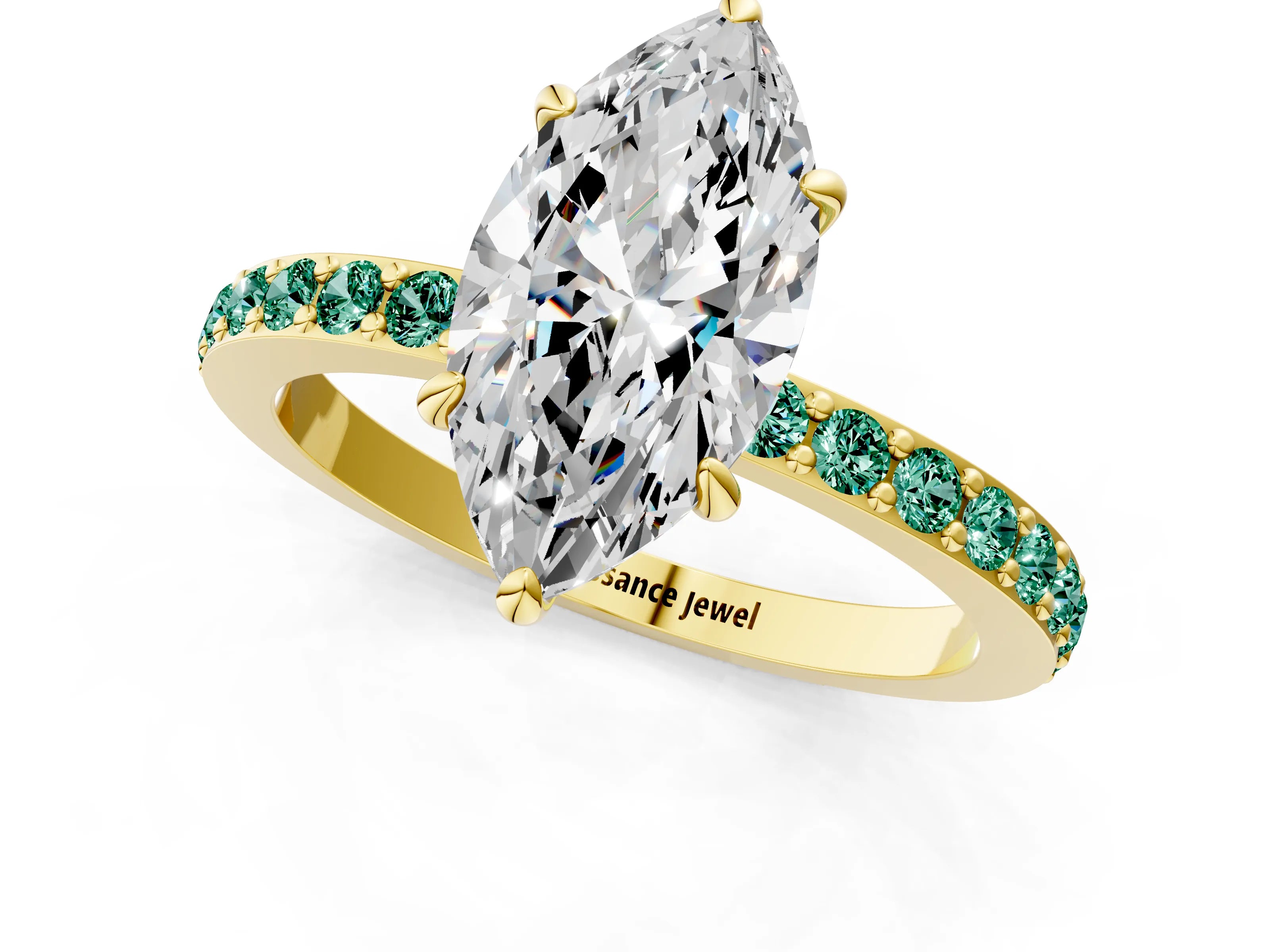 Yellow gold Marquise Cut Diamond Pavé Engagement Ring with Round with Green Sapphire side stone Accents and Prong Setting_1