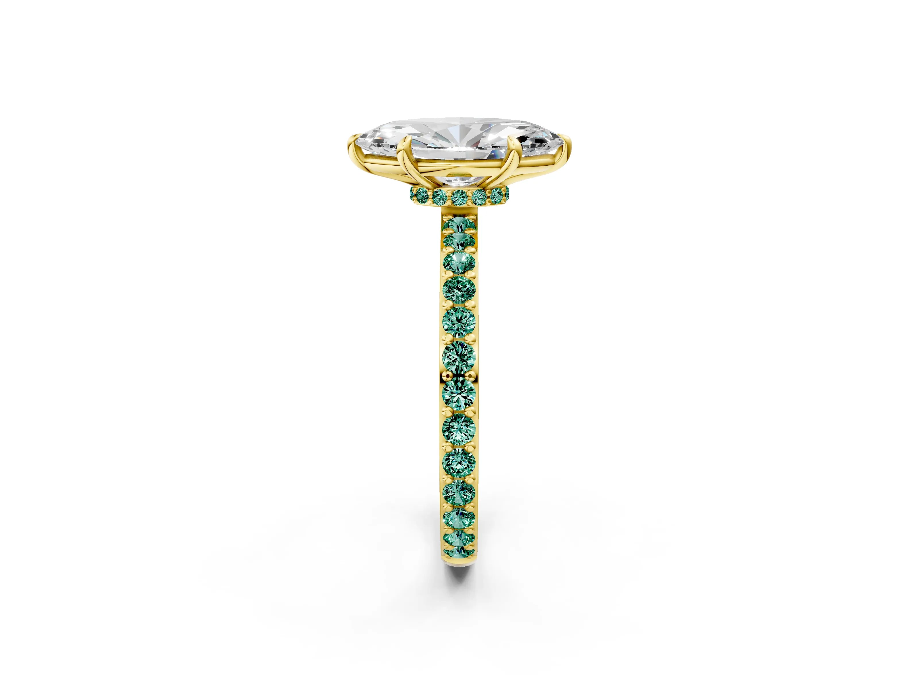 Yellow gold Marquise Cut Diamond Pavé Engagement Ring with Round with Green Sapphire side stone Accents and Prong Setting_2