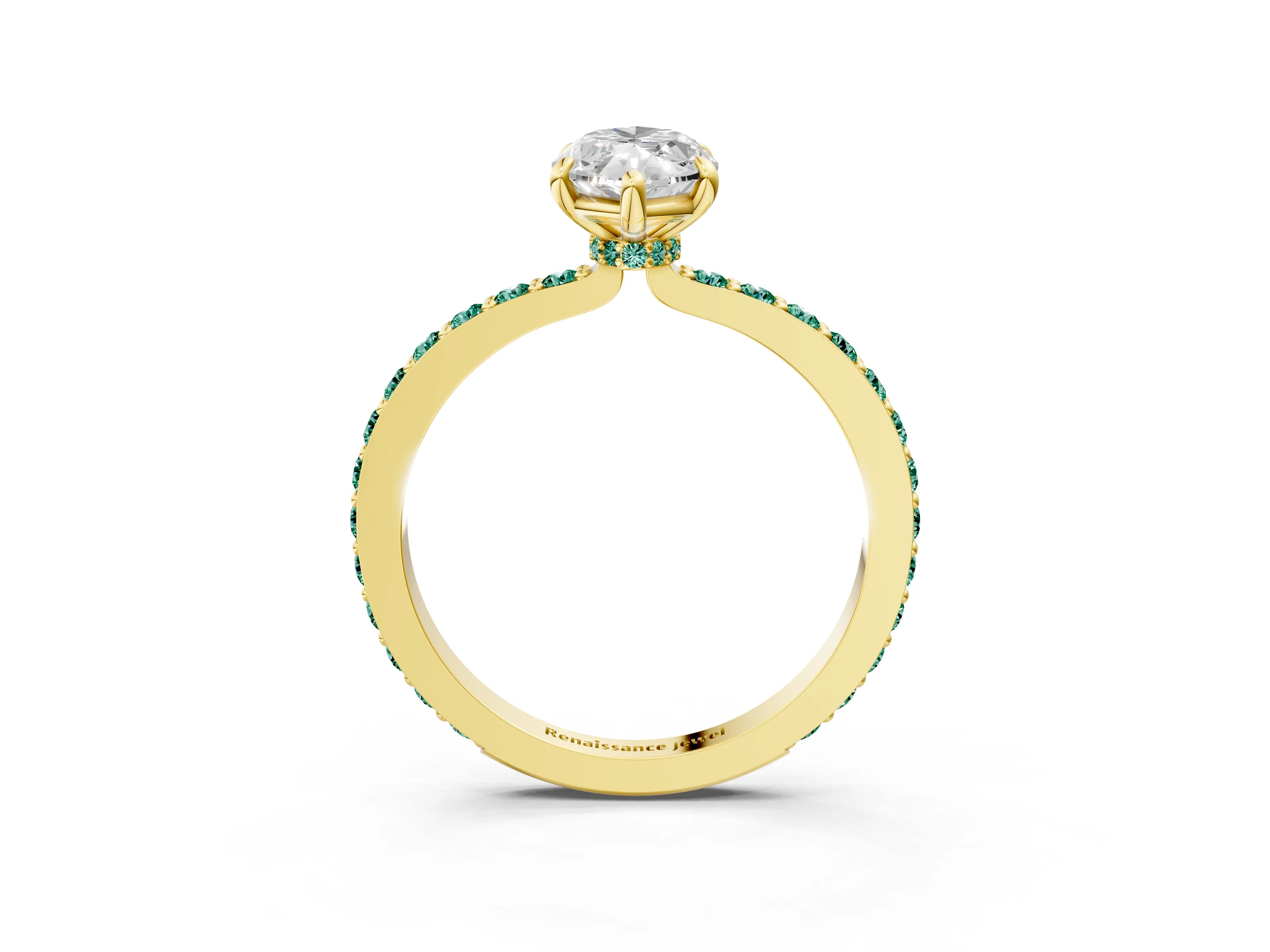 Yellow gold Marquise Cut Diamond Pavé Engagement Ring with Round with Green Sapphire side stone Accents and Prong Setting_3