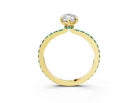 Yellow gold Marquise Cut Diamond Pavé Engagement Ring with Round with Green Sapphire side stone Accents and Prong Setting_3