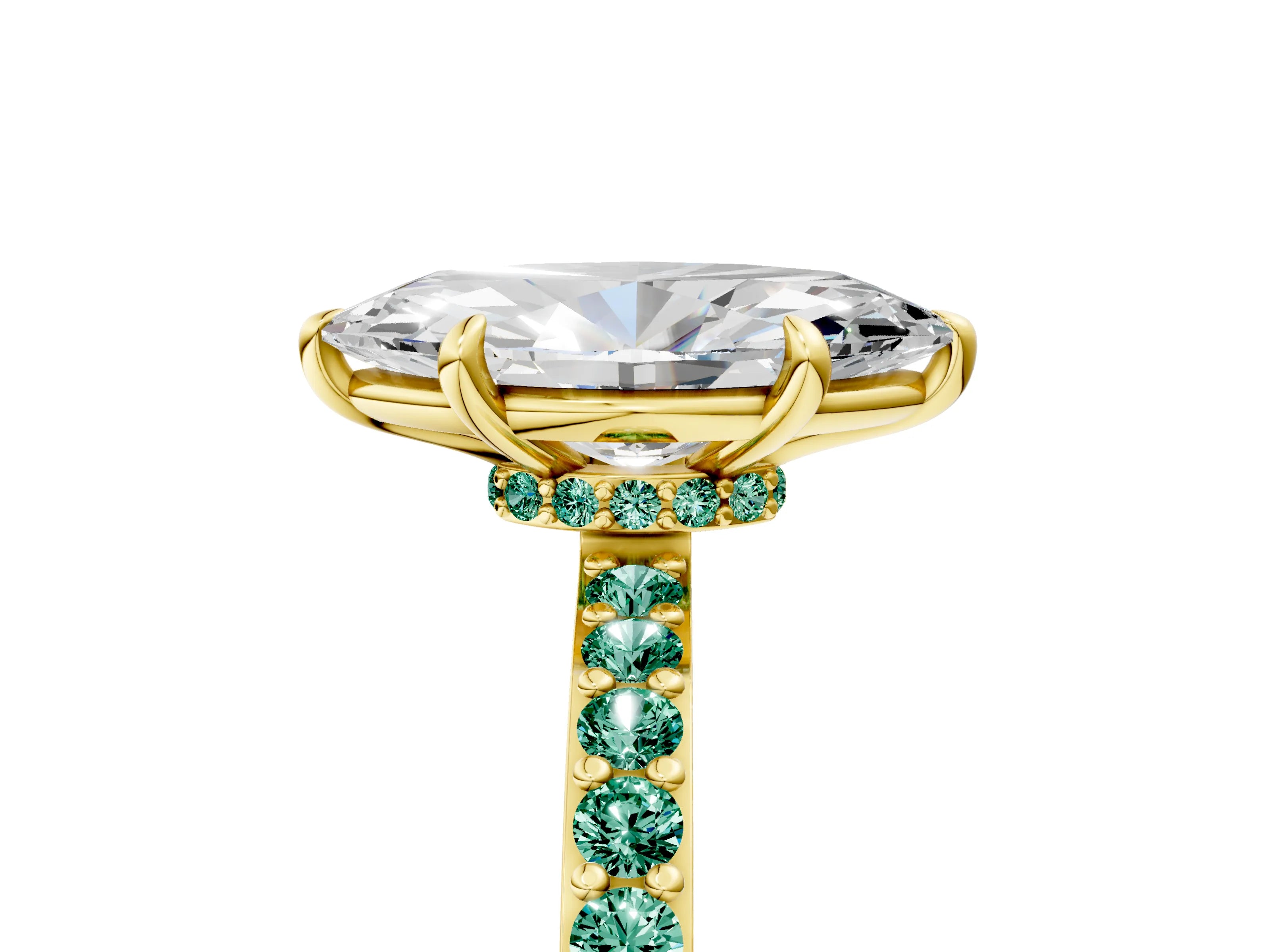 Yellow gold Marquise Cut Diamond Pavé Engagement Ring with Round with Green Sapphire side stone Accents and Prong Setting_5