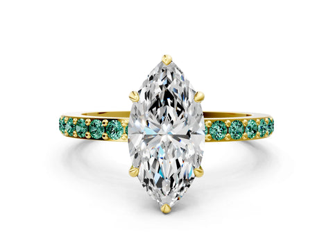 Yellow gold Marquise Cut Diamond Pavé Engagement Ring with Round with Green Sapphire side stone Accents and Prong Setting