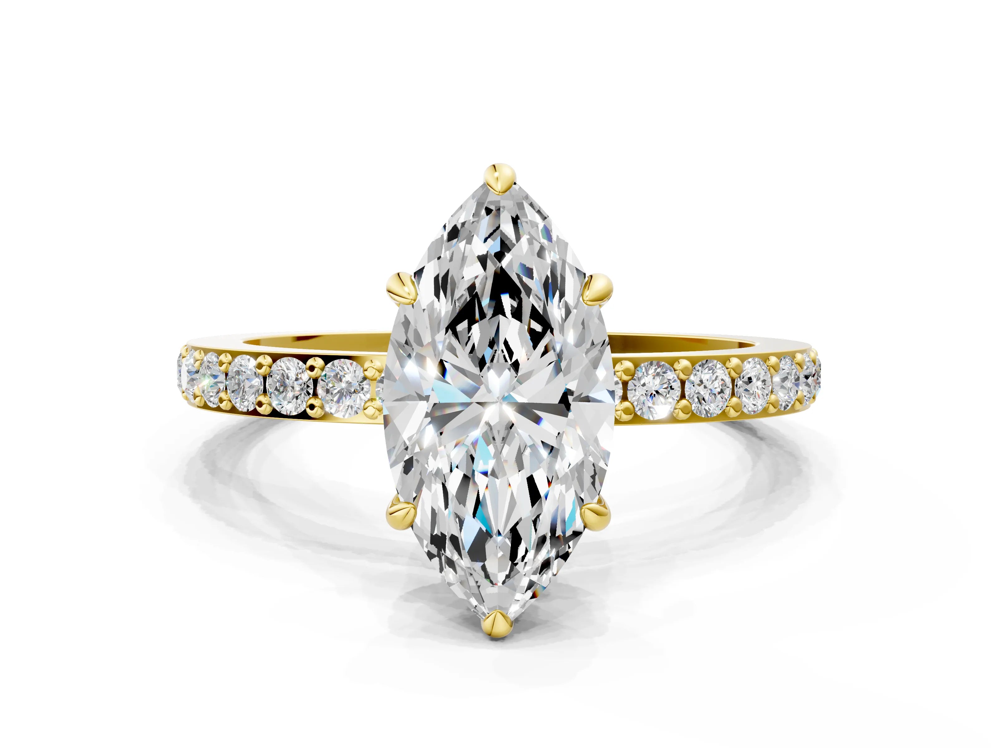 Yellow gold Marquise Cut Diamond Pavé Engagement Ring with Round with Moissanite side stone Accents and Prong Setting