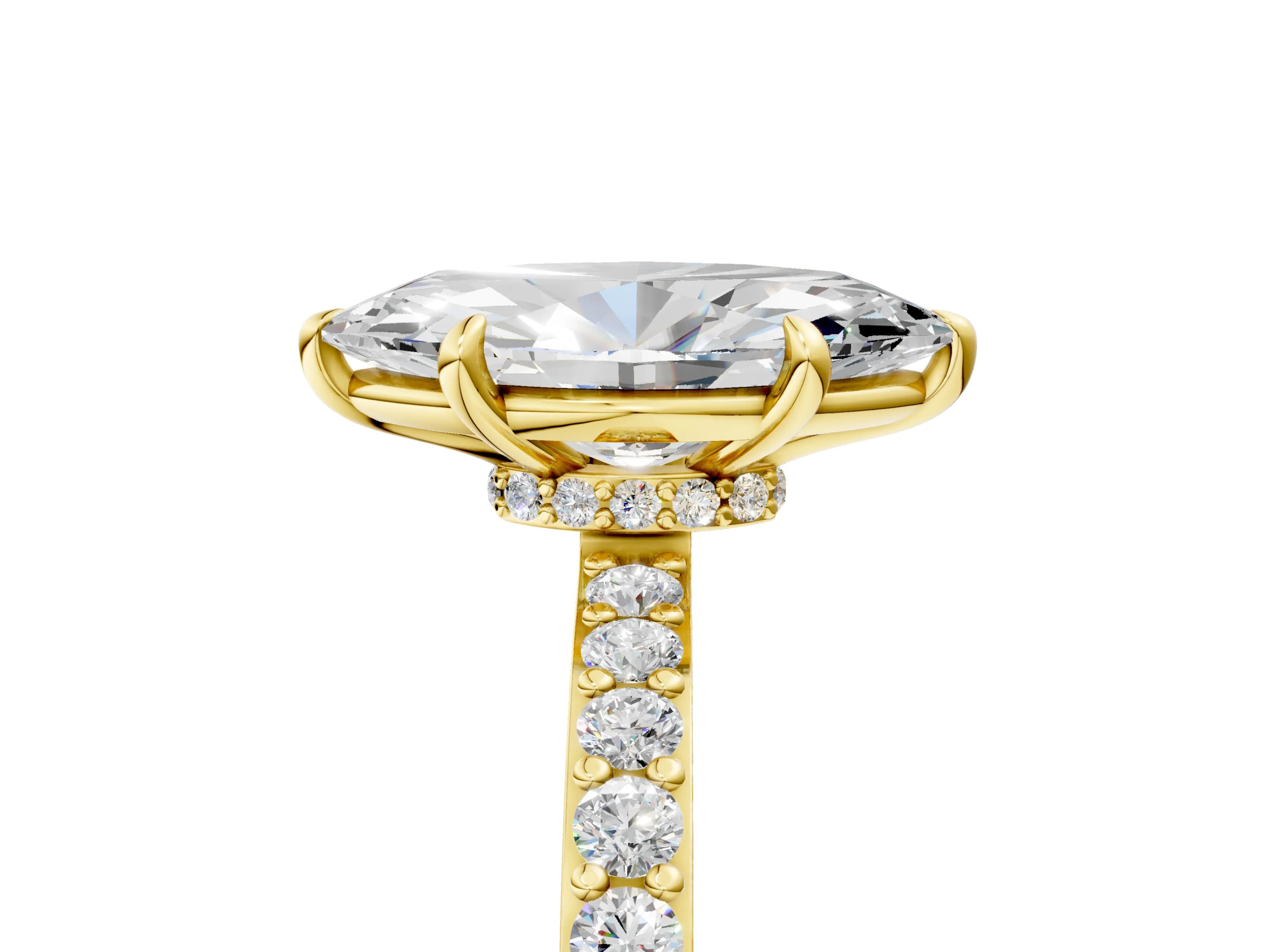 Yellow gold Marquise Cut Diamond Pavé Engagement Ring with Round with Moissanite side stone Accents and Prong Setting_5