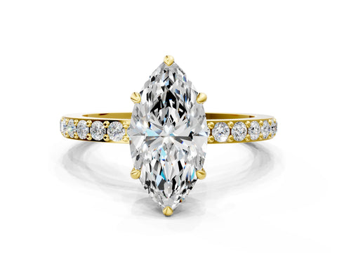 Yellow gold Marquise Cut Diamond Pavé Engagement Ring with Round with Moissanite side stone Accents and Prong Setting