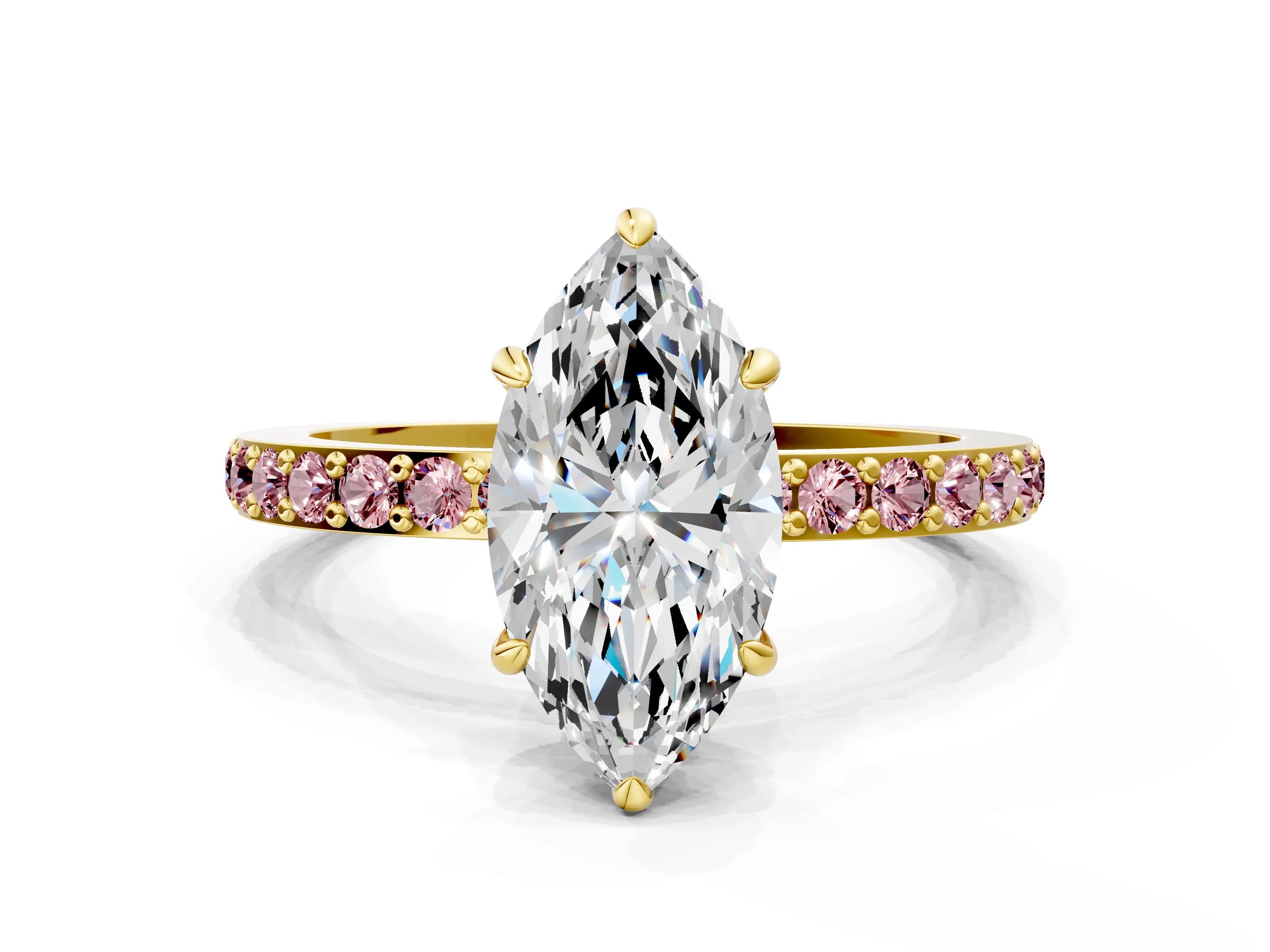 Yellow gold Marquise Cut Diamond Pavé Engagement Ring with Round with Morganite side stone Accents and Prong Setting