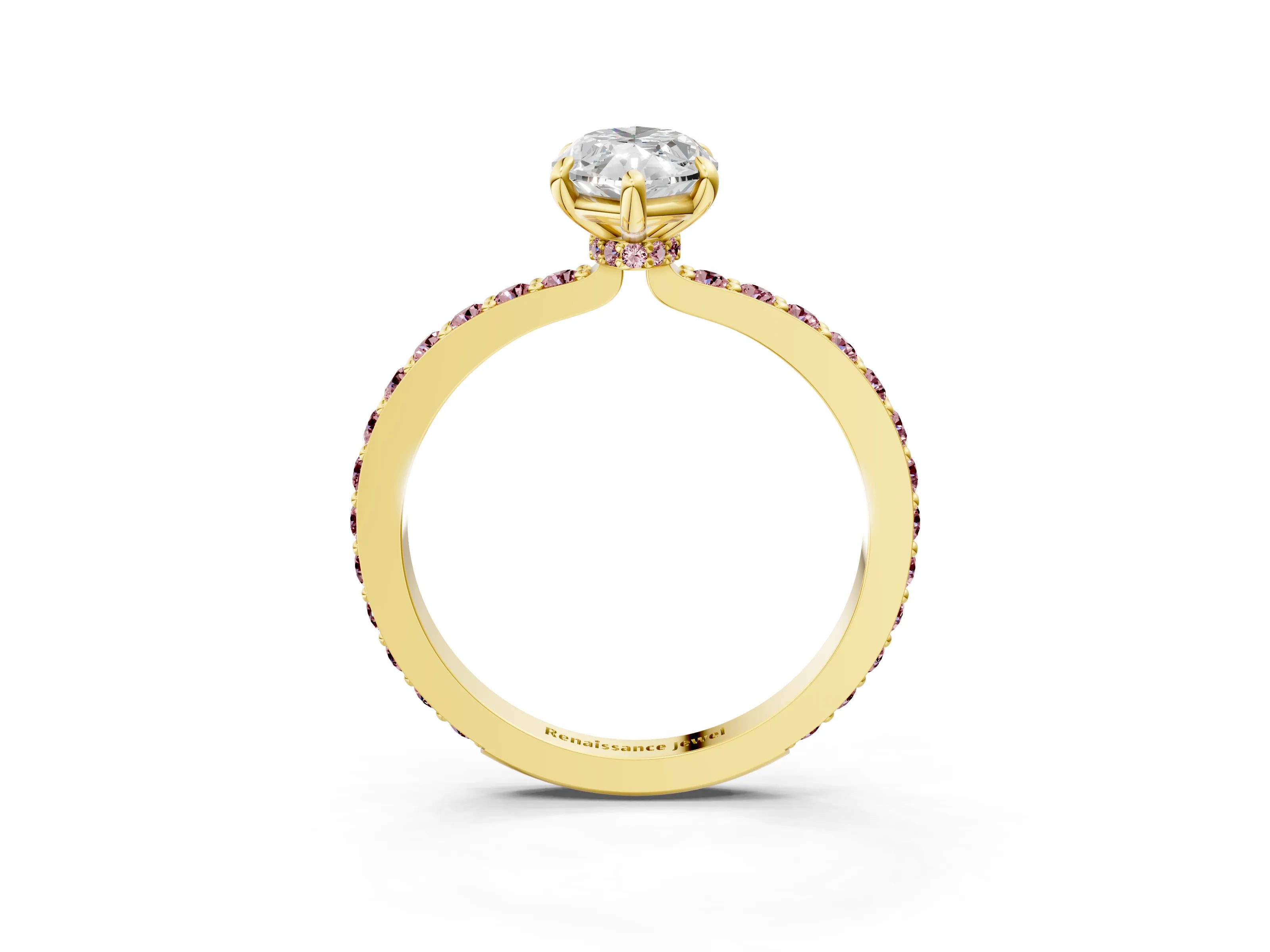 Yellow gold Marquise Cut Diamond Pavé Engagement Ring with Round with Morganite side stone Accents and Prong Setting_3
