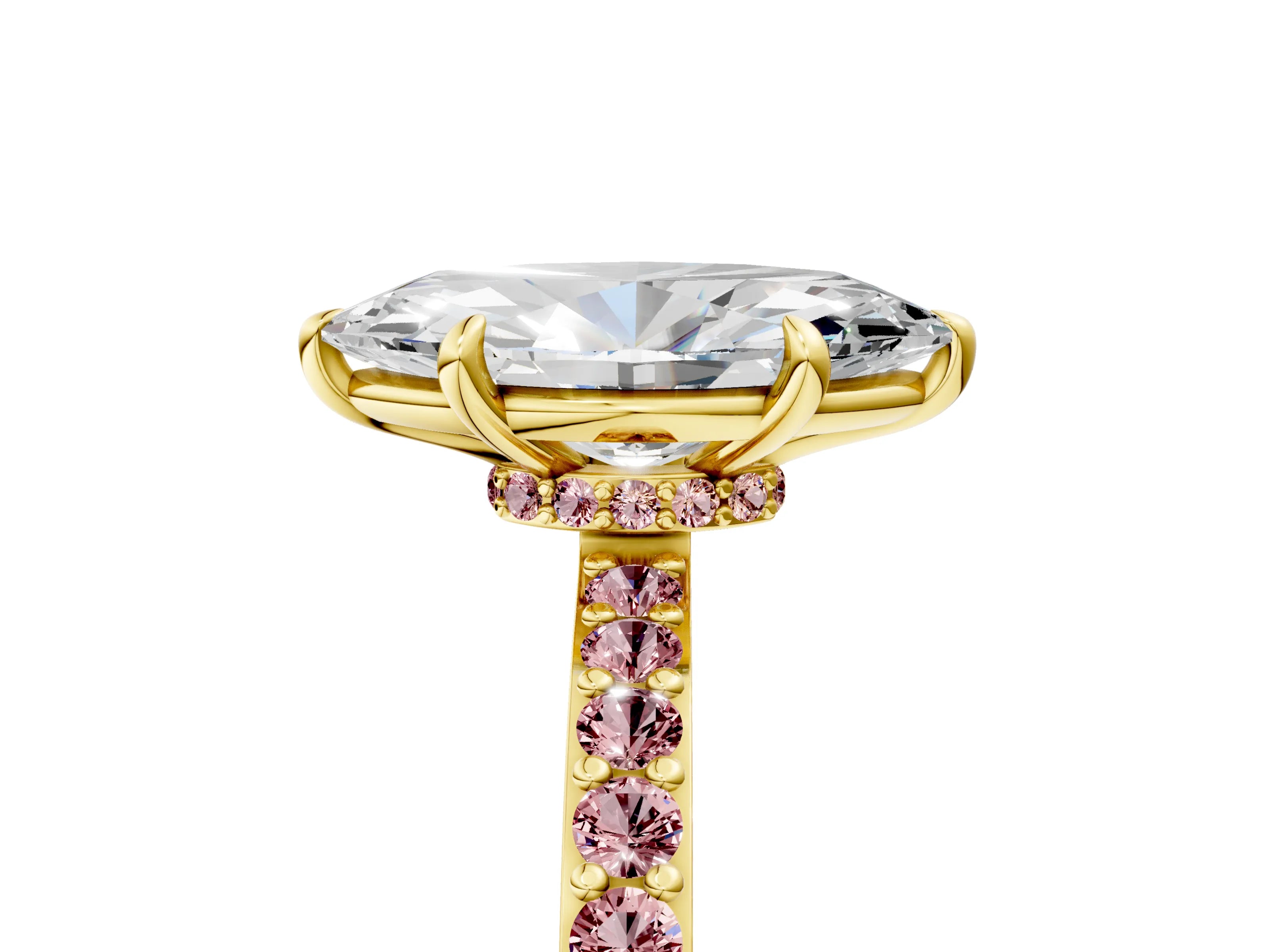 Yellow gold Marquise Cut Diamond Pavé Engagement Ring with Round with Morganite side stone Accents and Prong Setting_5