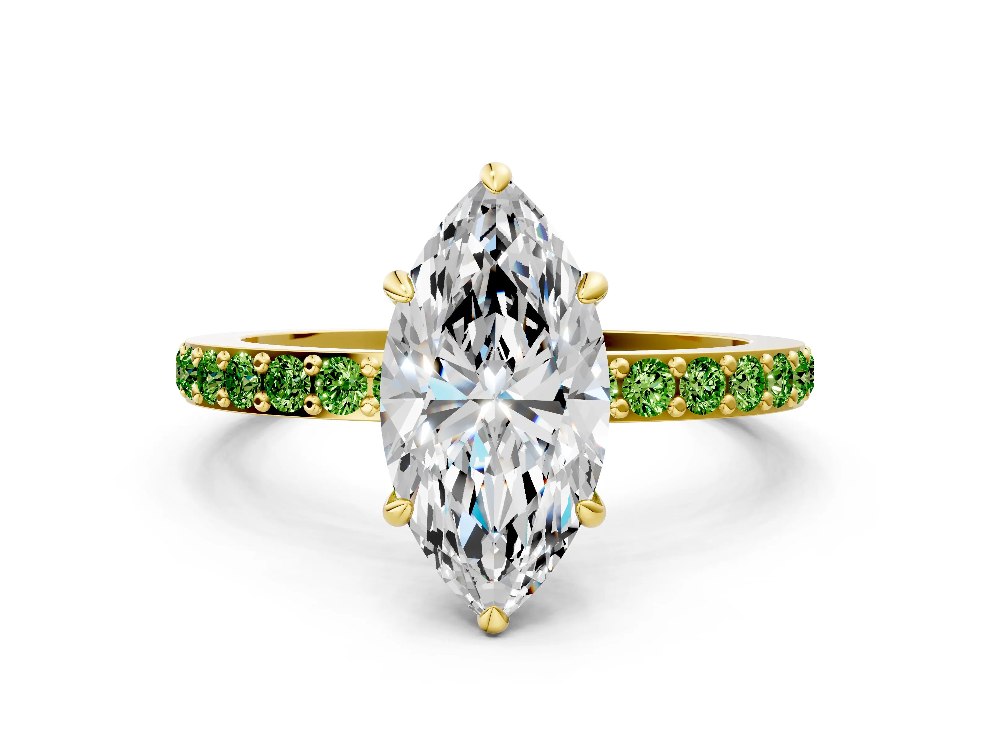 Yellow gold Marquise Cut Diamond Pavé Engagement Ring with Round with Peridot side stone Accents and Prong Setting