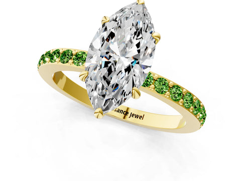 Yellow gold Marquise Cut Diamond Pavé Engagement Ring with Round with Peridot side stone Accents and Prong Setting_1