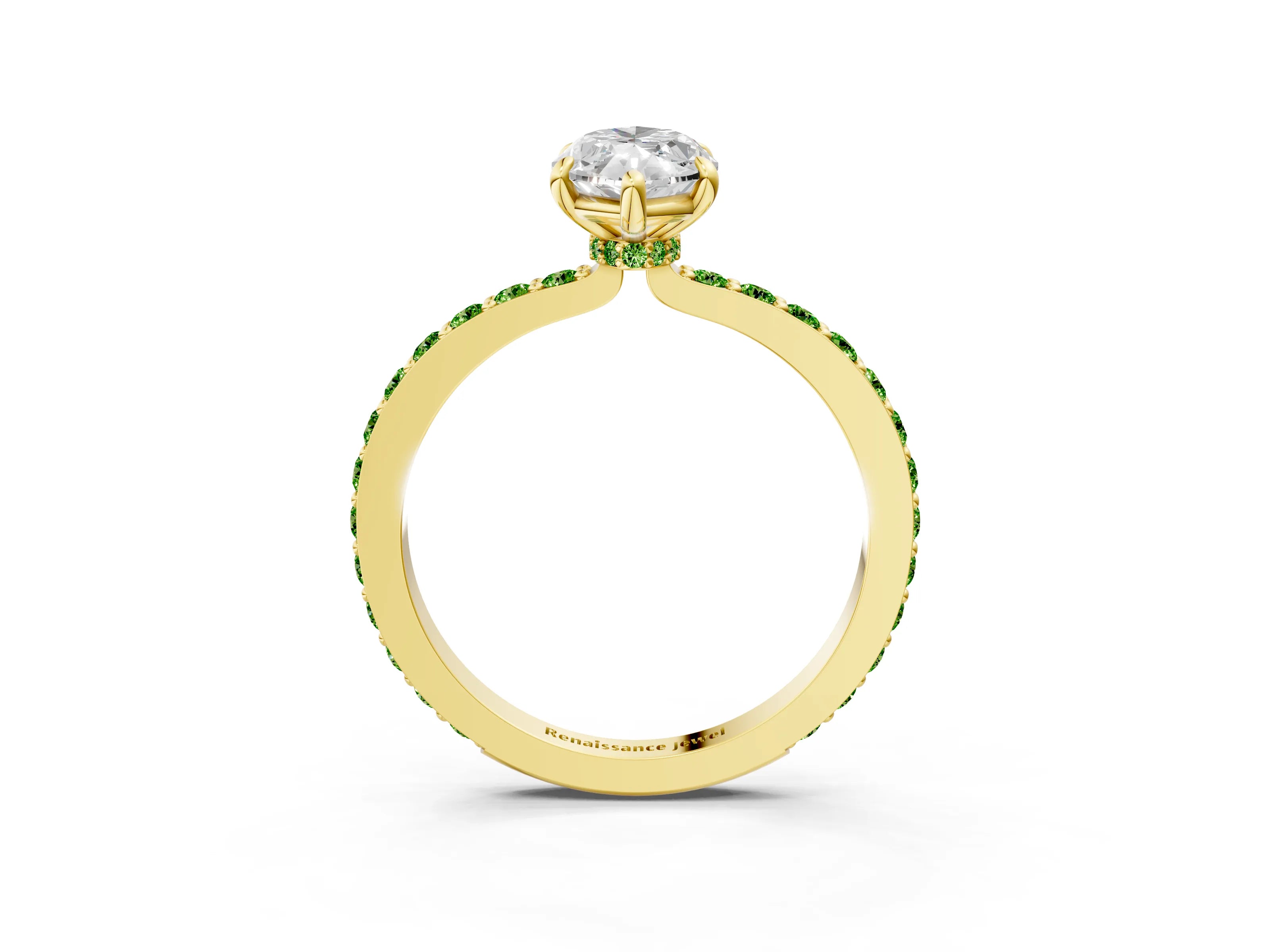 Yellow gold Marquise Cut Diamond Pavé Engagement Ring with Round with Peridot side stone Accents and Prong Setting_3
