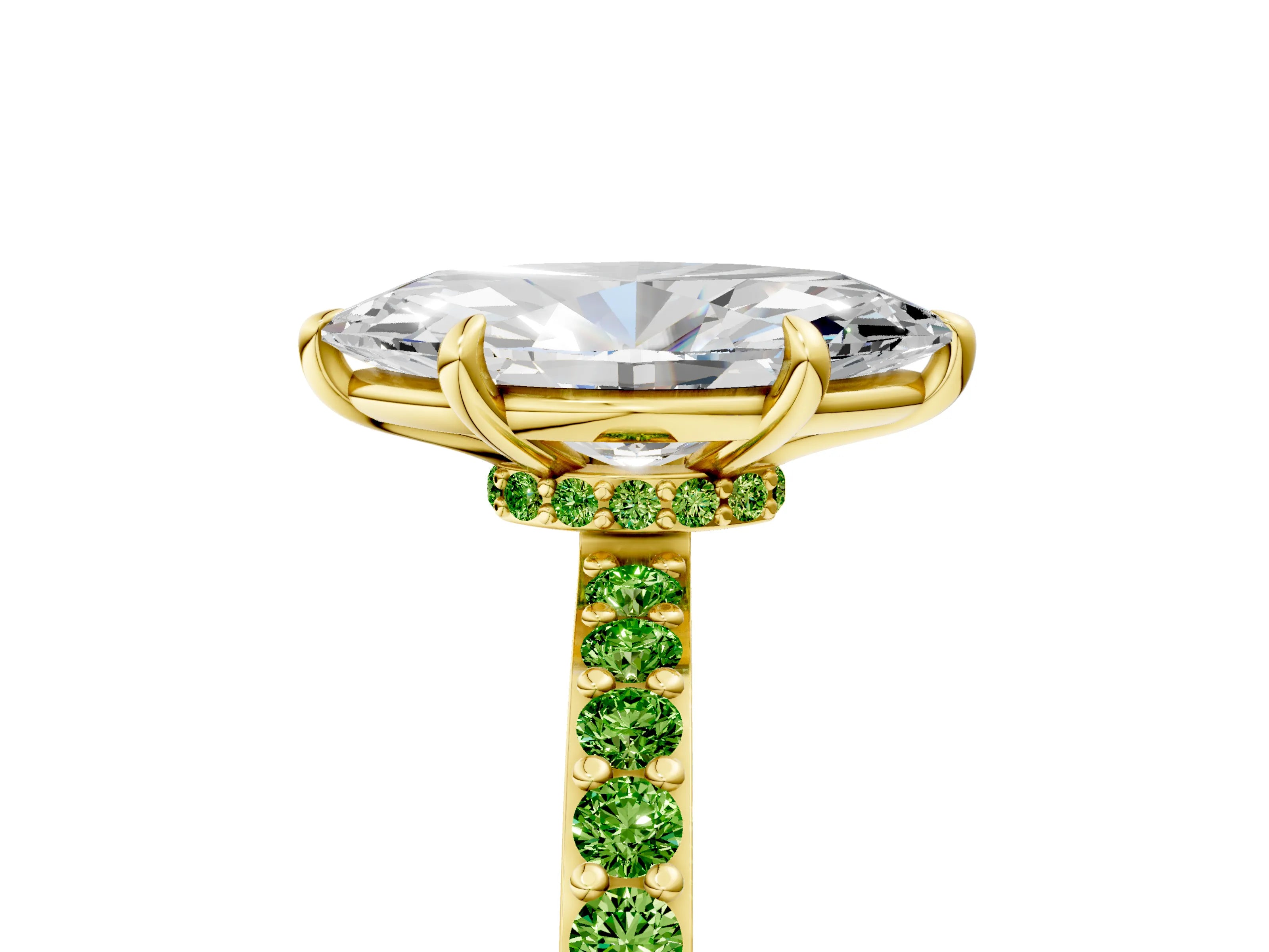 Yellow gold Marquise Cut Diamond Pavé Engagement Ring with Round with Peridot side stone Accents and Prong Setting_5