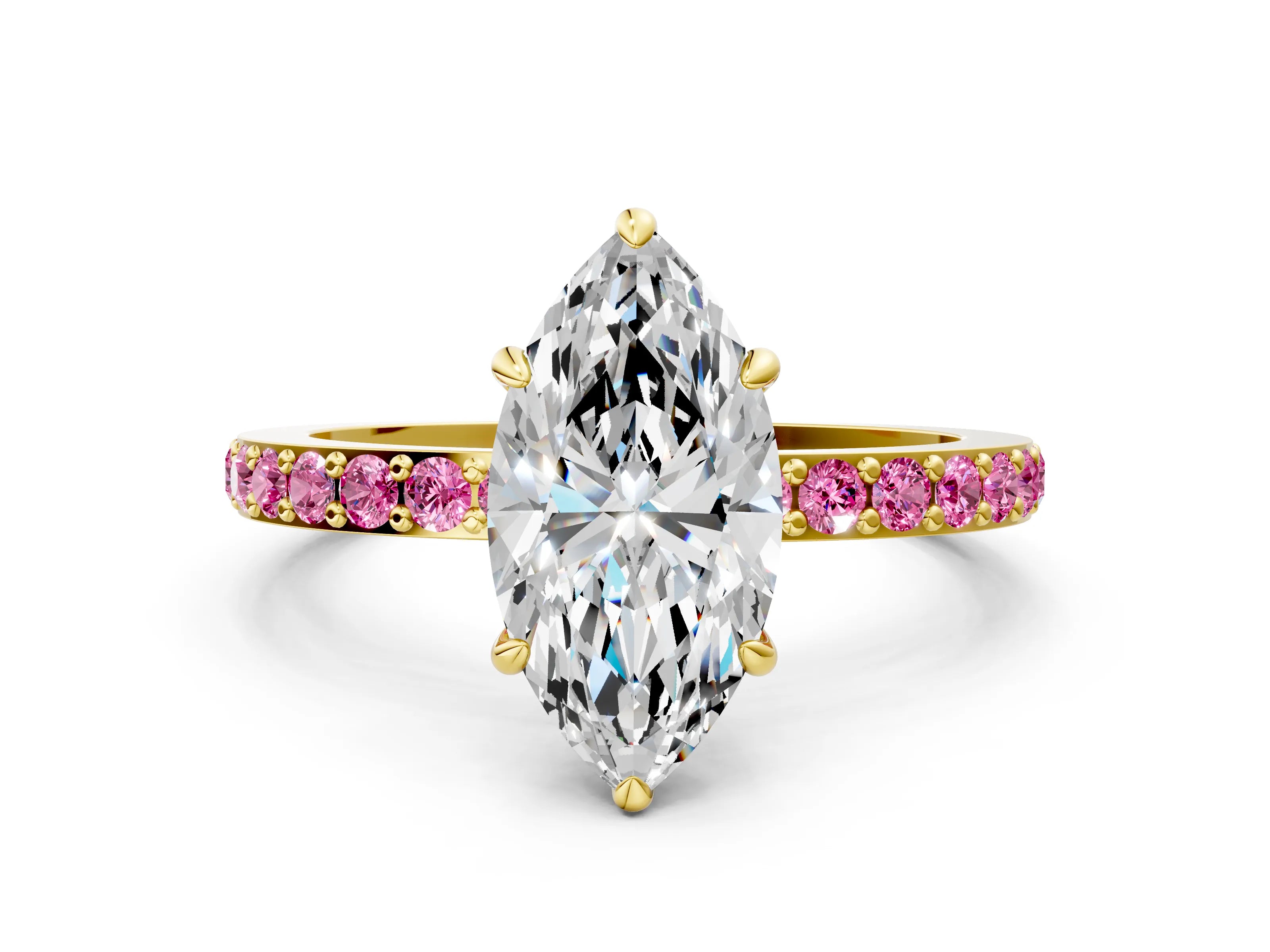 Yellow gold Marquise Cut Diamond Pavé Engagement Ring with Round with Pink Sapphire side stone Accents and Prong Setting