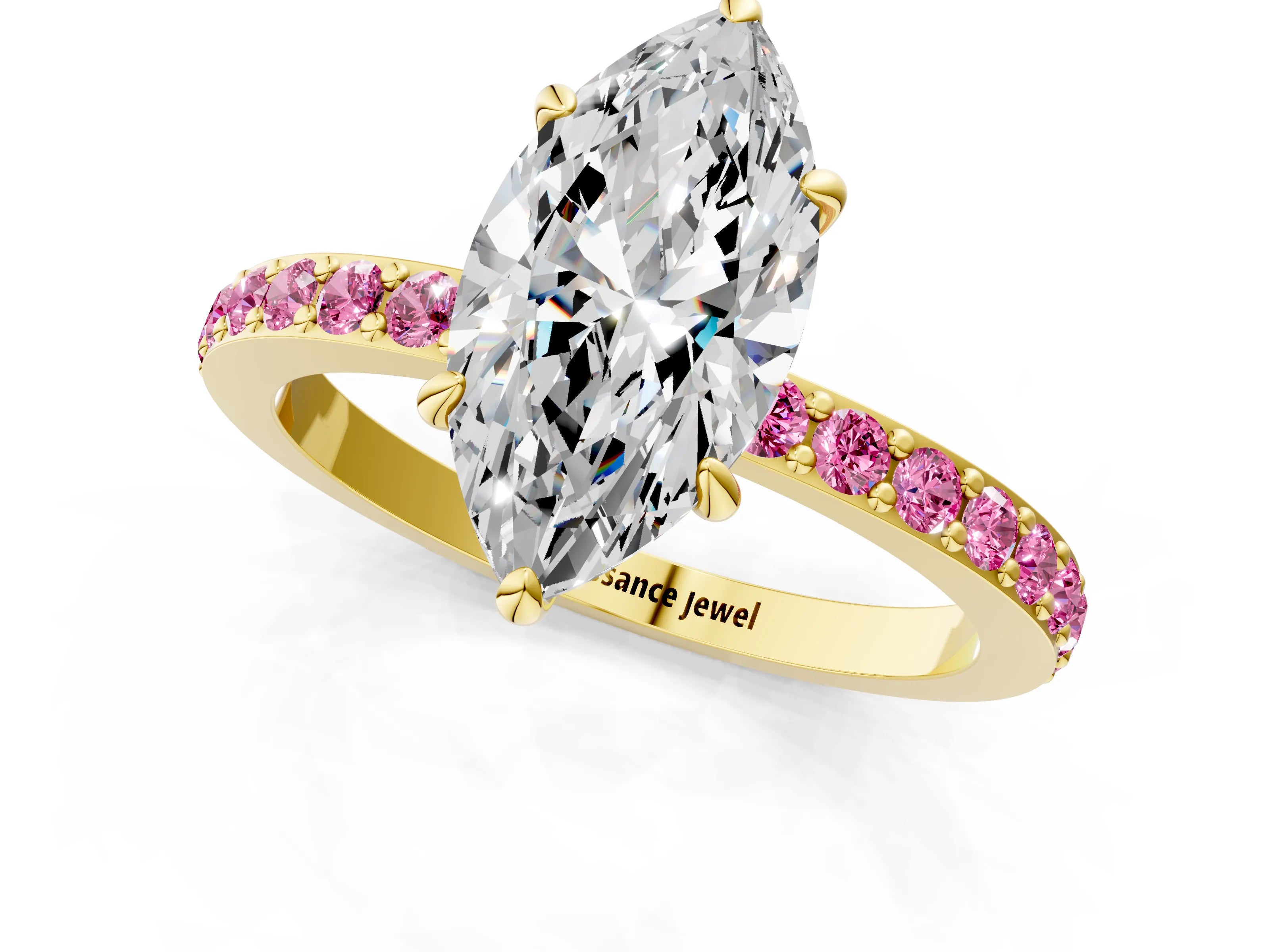 Yellow gold Marquise Cut Diamond Pavé Engagement Ring with Round with Pink Sapphire side stone Accents and Prong Setting_1