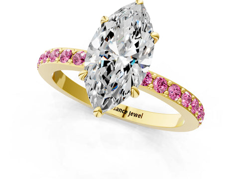 Yellow gold Marquise Cut Diamond Pavé Engagement Ring with Round with Pink Sapphire side stone Accents and Prong Setting_1