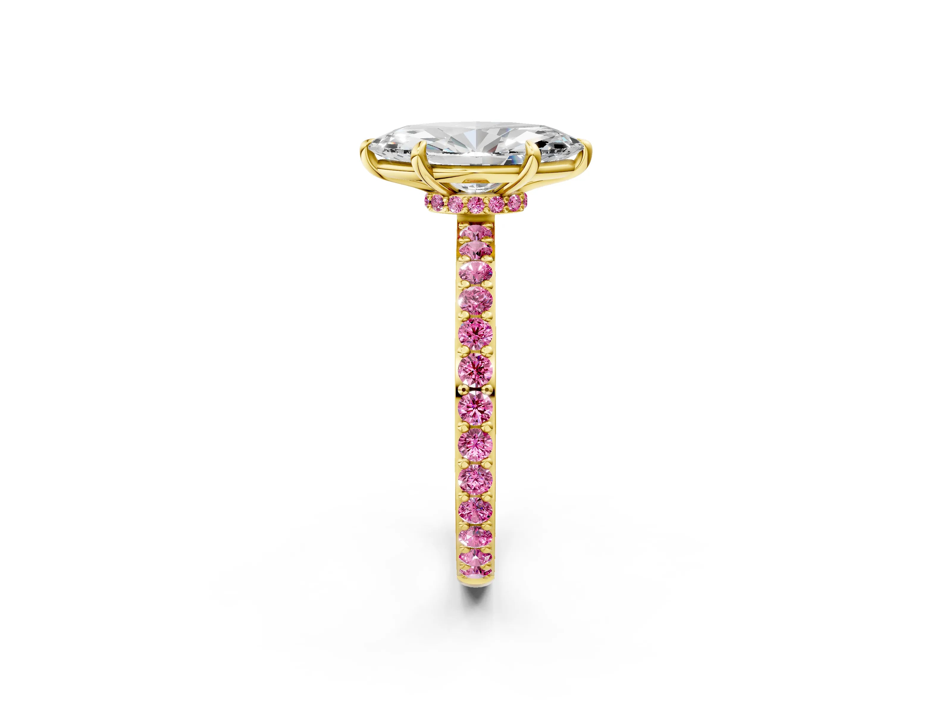 Yellow gold Marquise Cut Diamond Pavé Engagement Ring with Round with Pink Sapphire side stone Accents and Prong Setting_2