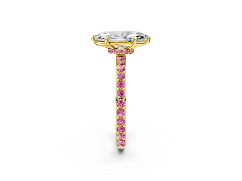 Yellow gold Marquise Cut Diamond Pavé Engagement Ring with Round with Pink Sapphire side stone Accents and Prong Setting_2